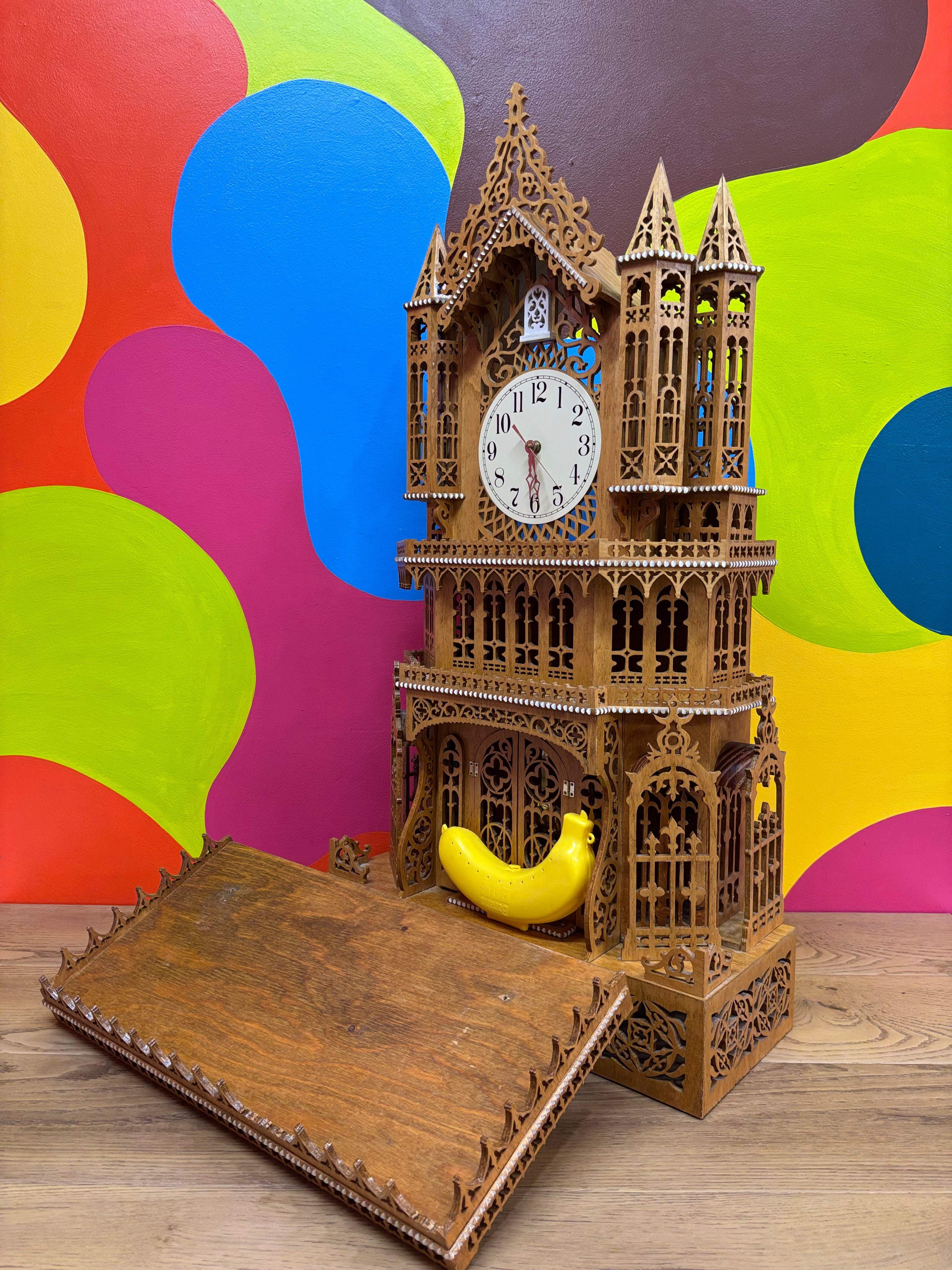 Roman Cathedral Style Wood Clock with Shelf