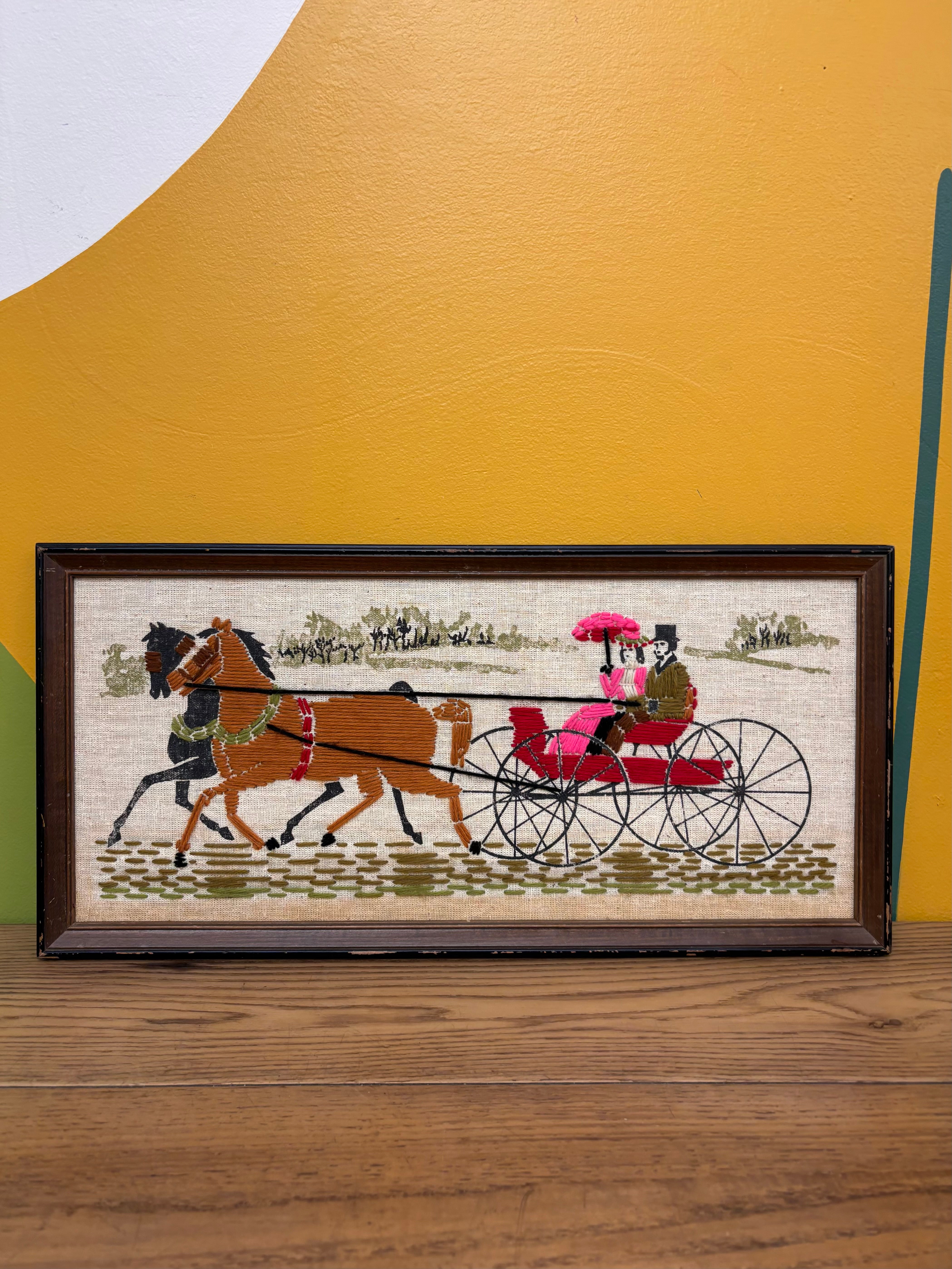 Framed Horse and Carriage Yarn Art