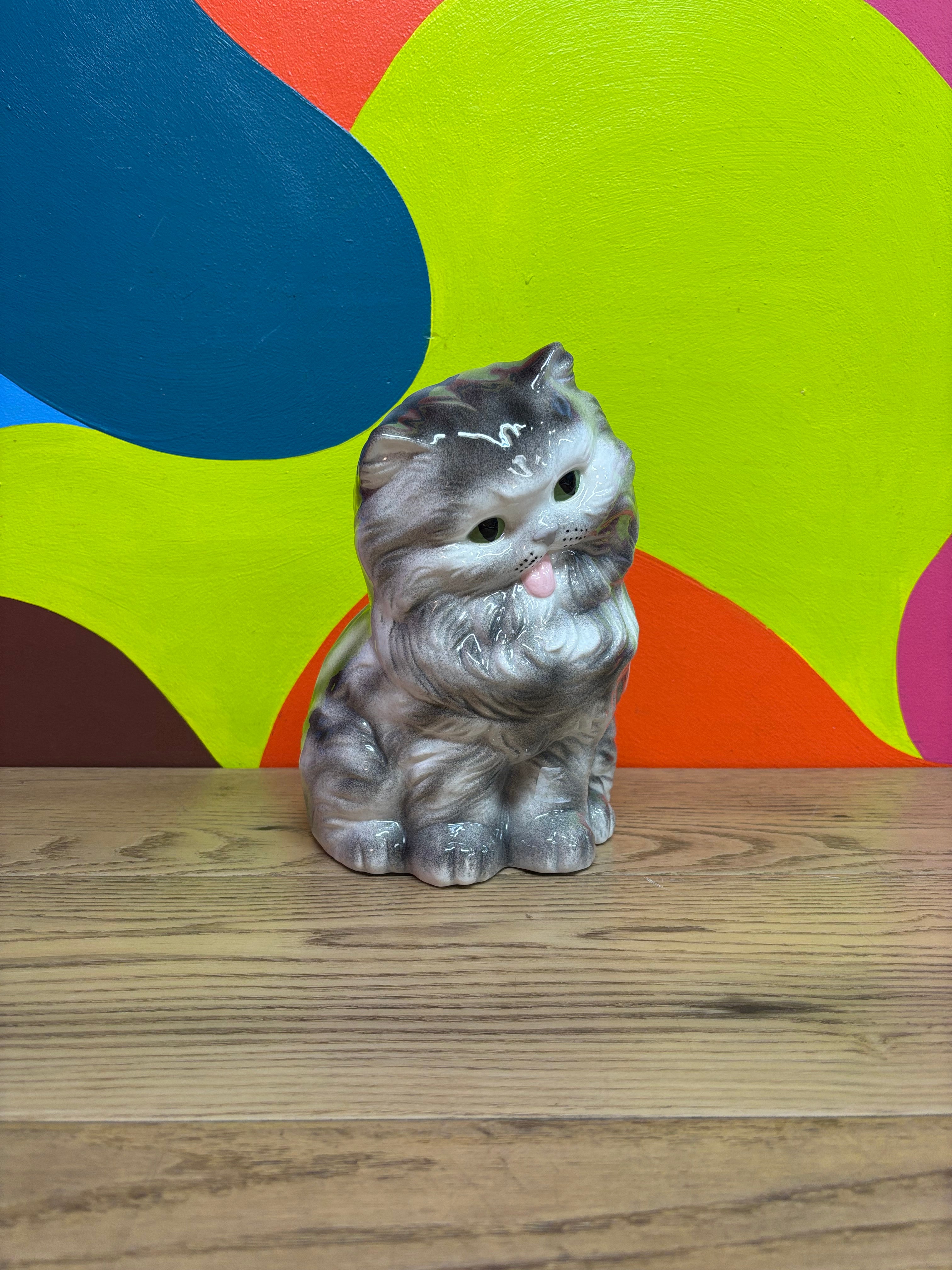 Ceramic Cat with Tongue Out Statue