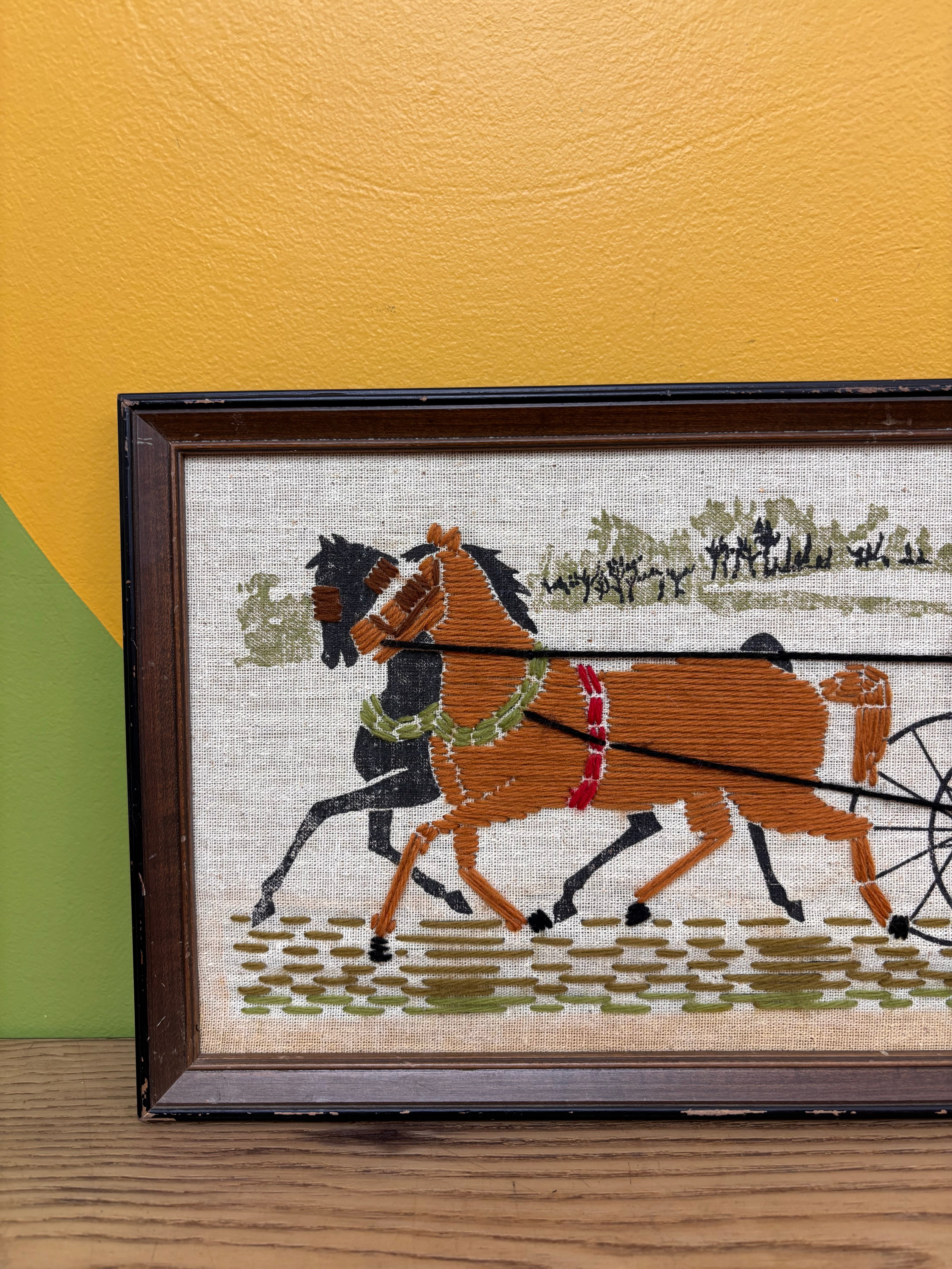 Framed Horse and Carriage Yarn Art