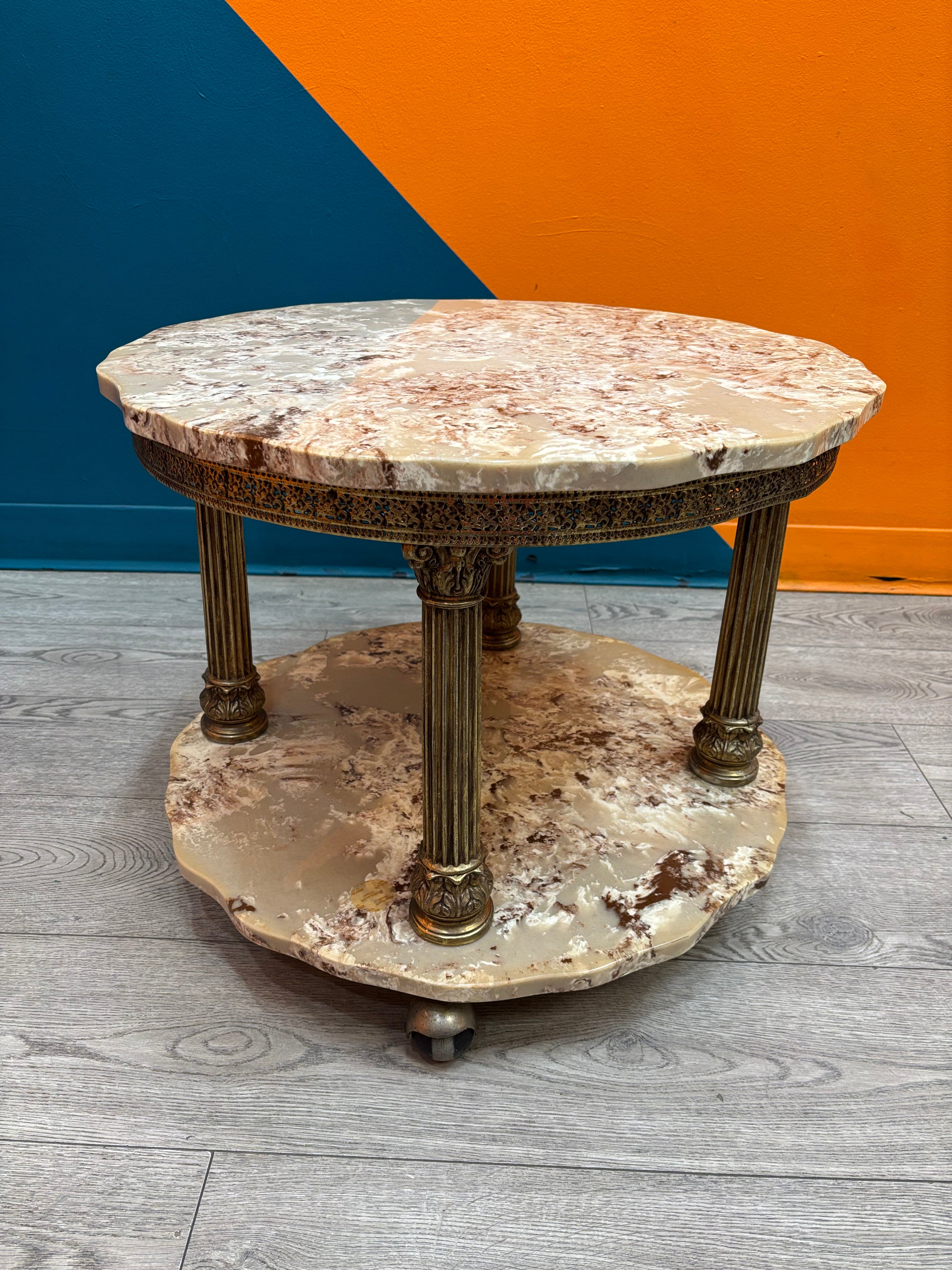 Brass and Marble Side Table on Wheels