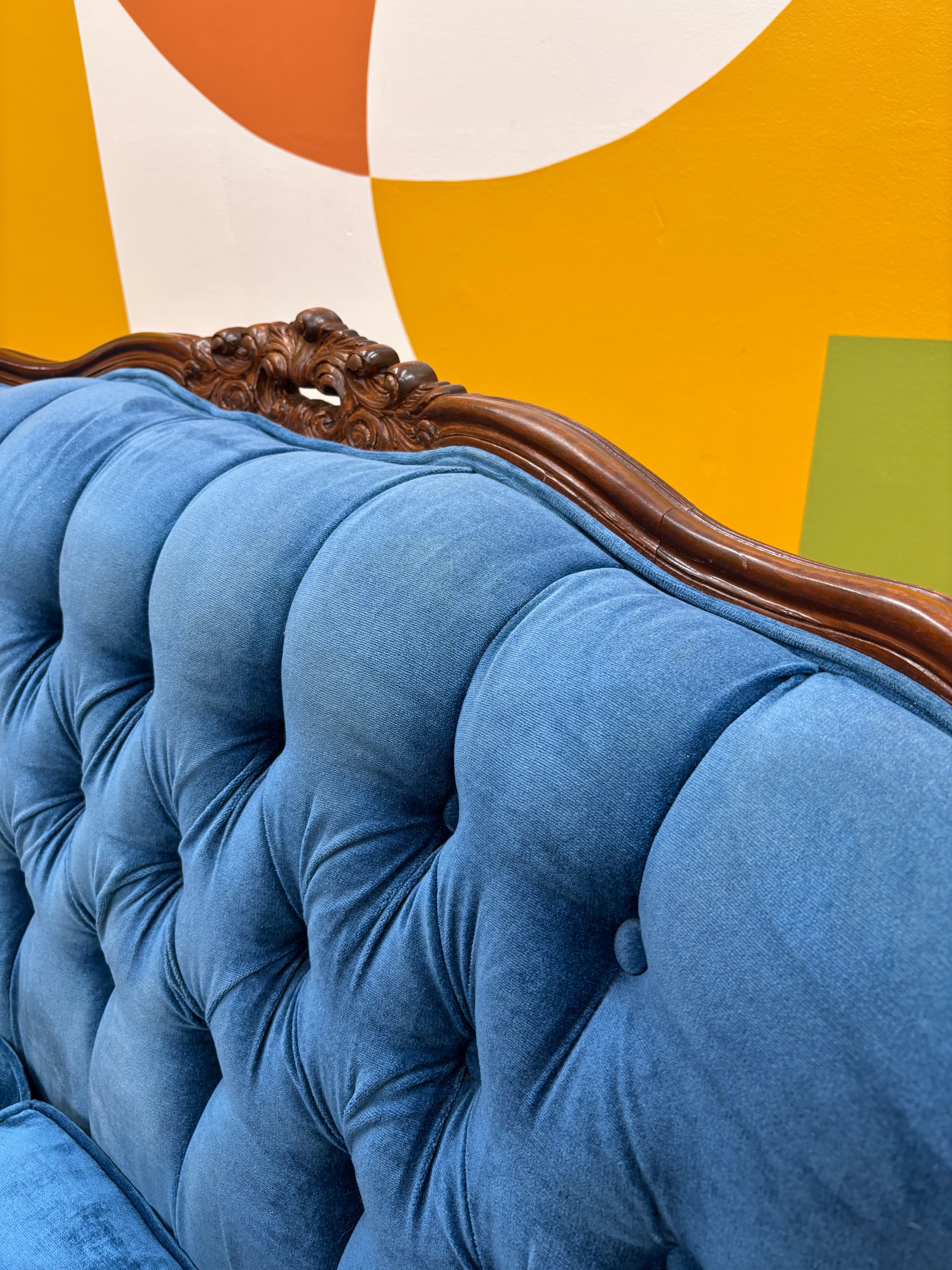 Blue Velvet Carved Wood Loveseat