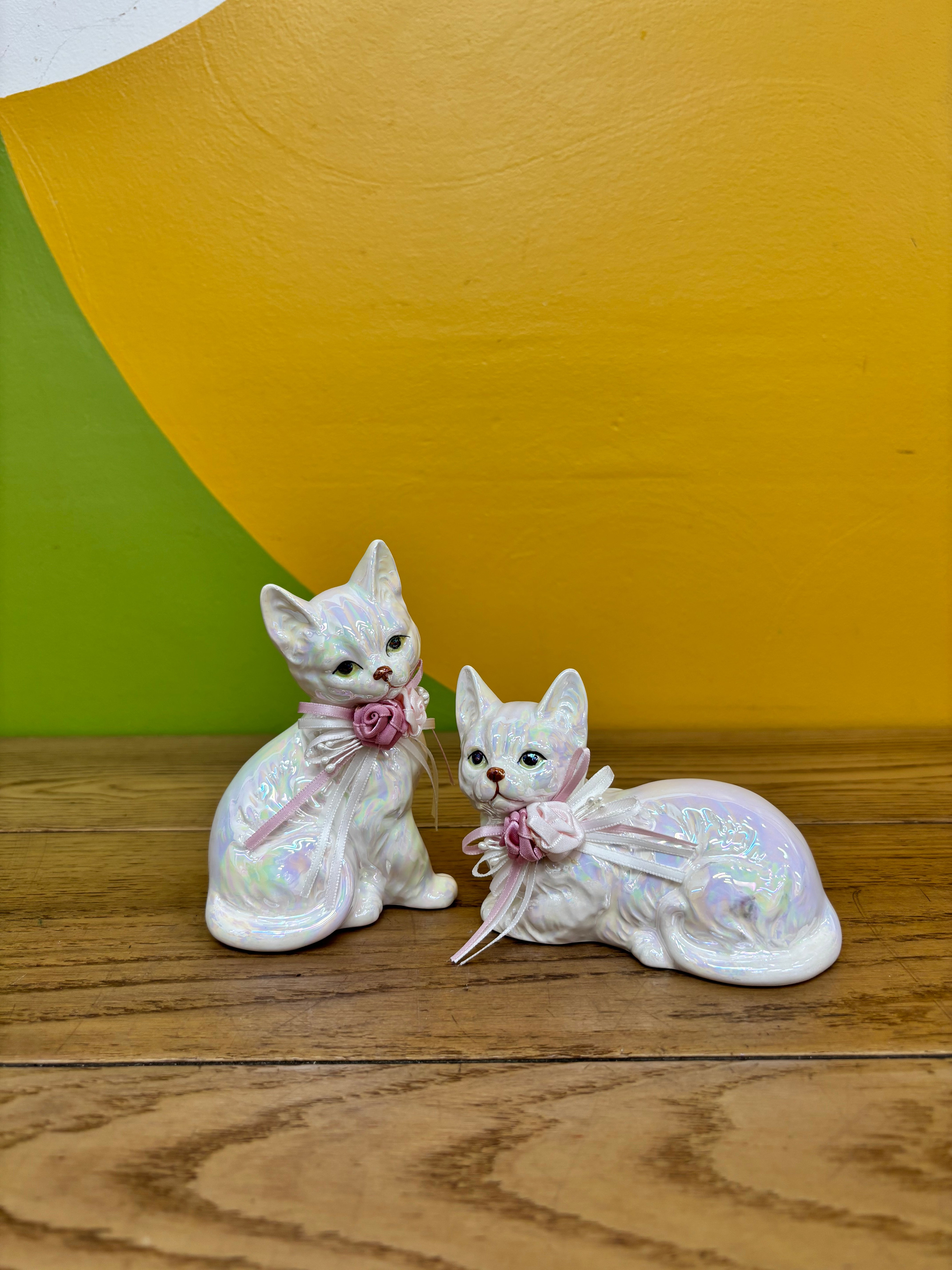 Iridescent Porcelain Cat Figurines (2)