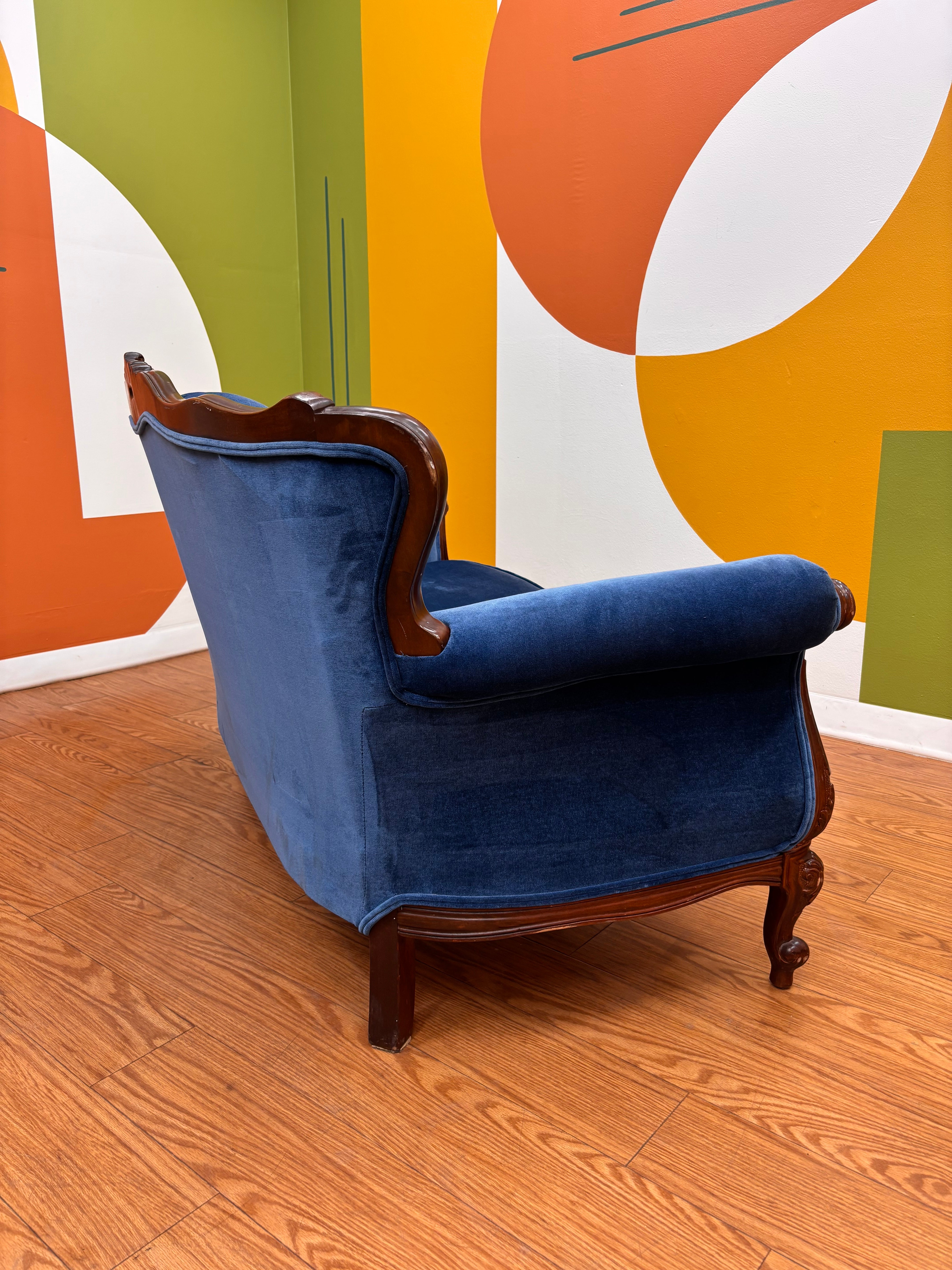 Blue Velvet Carved Wood Loveseat