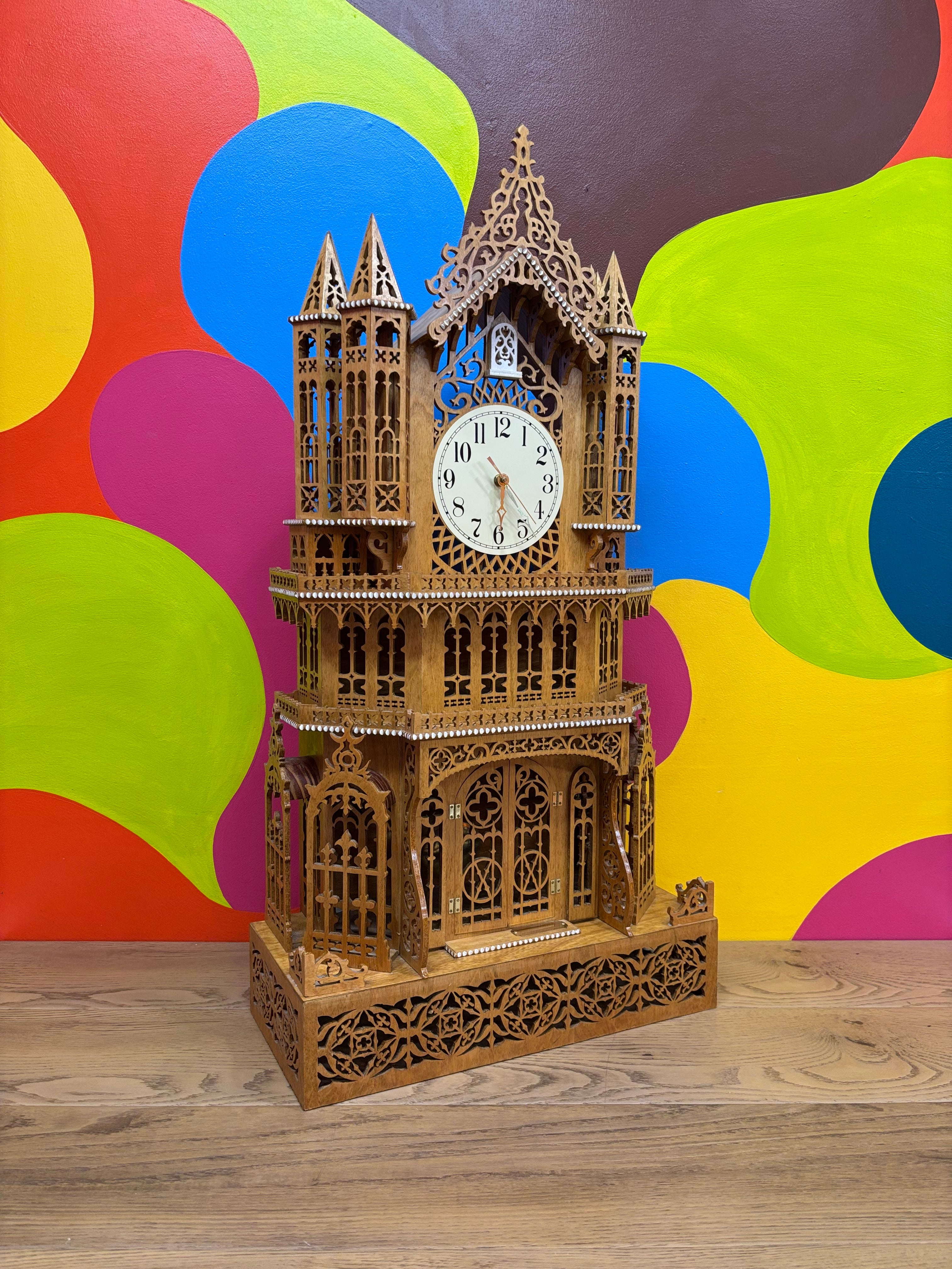 Roman Cathedral Style Wood Clock with Shelf