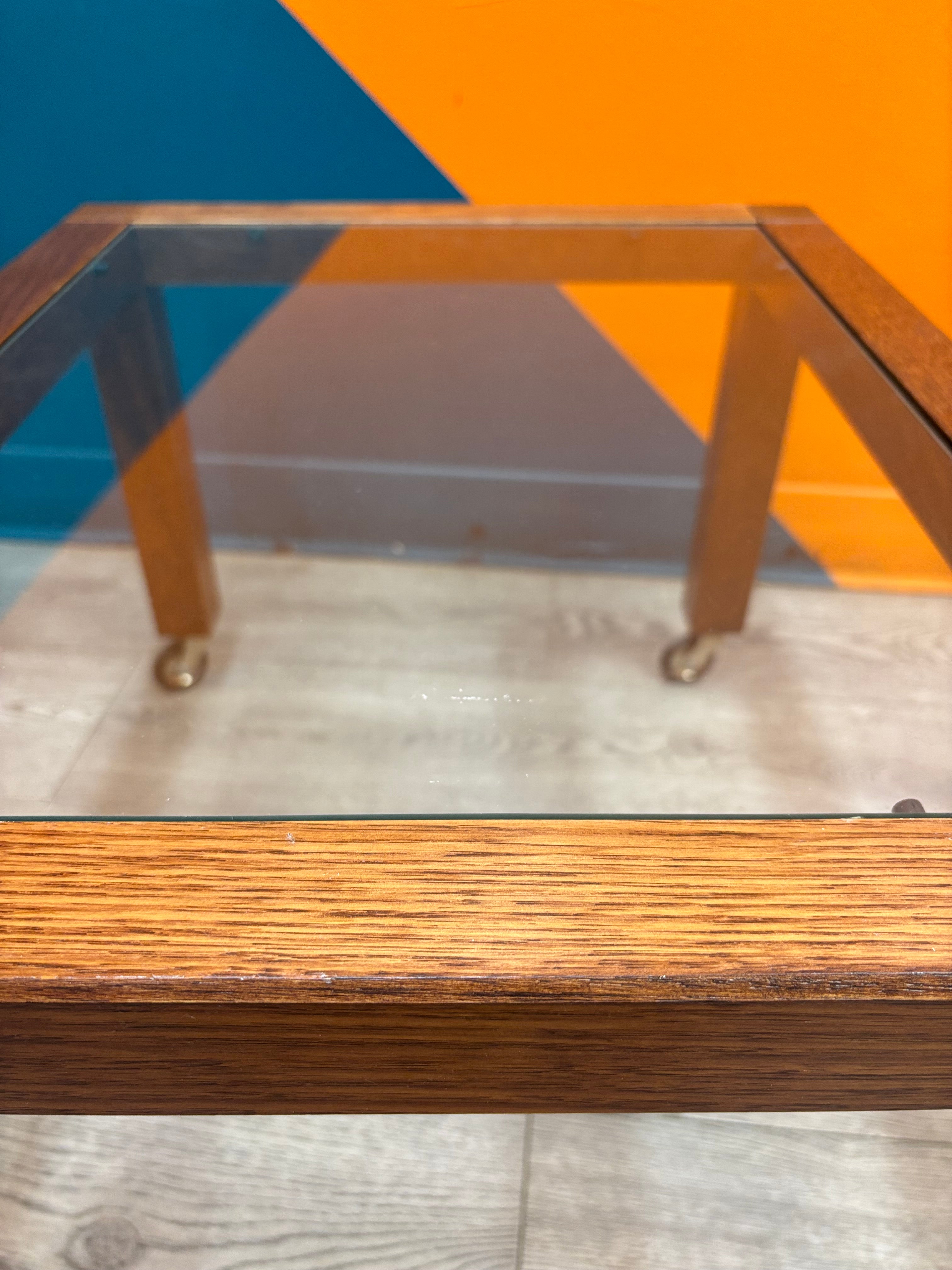 Wood & Glass Side Table on Wheels