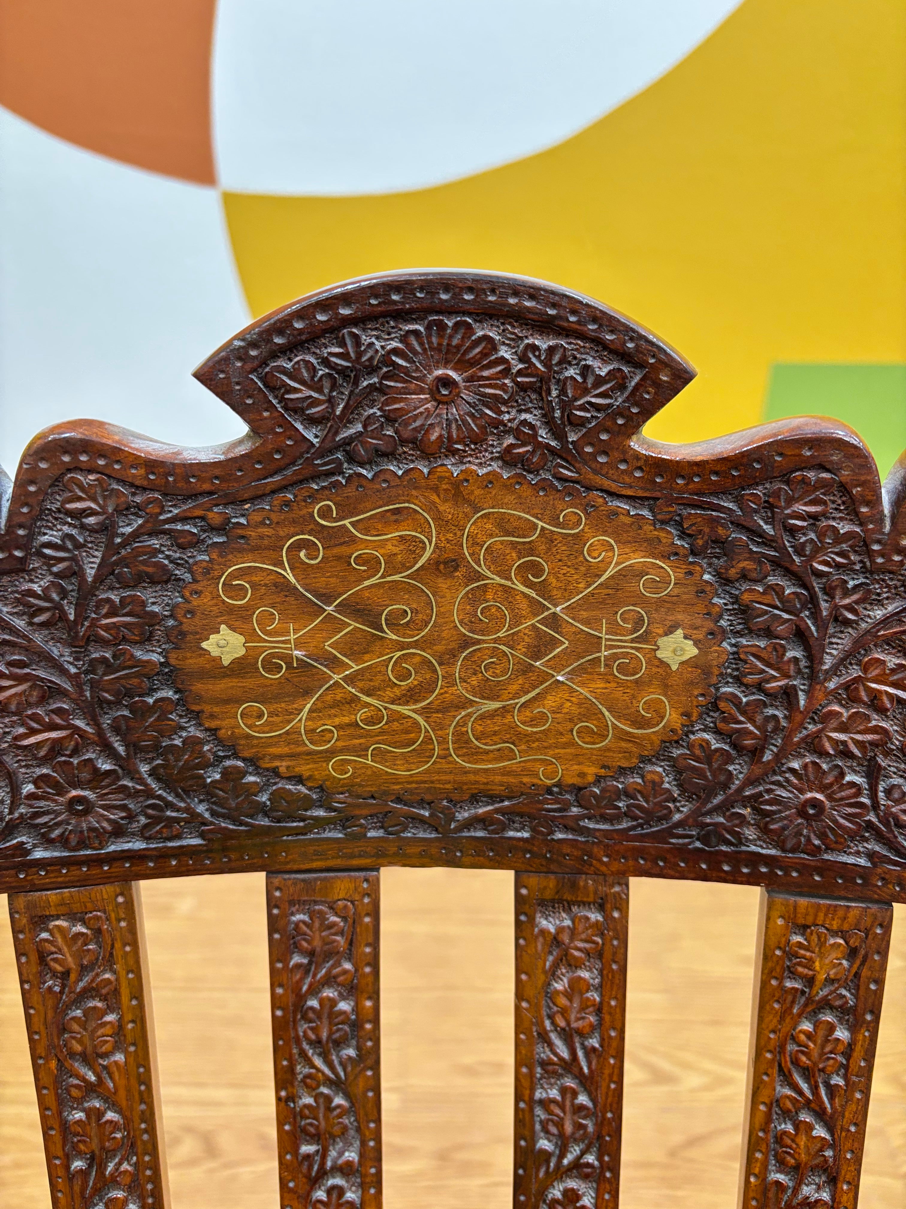Wood Carved Brass Inlay Rocking Chair