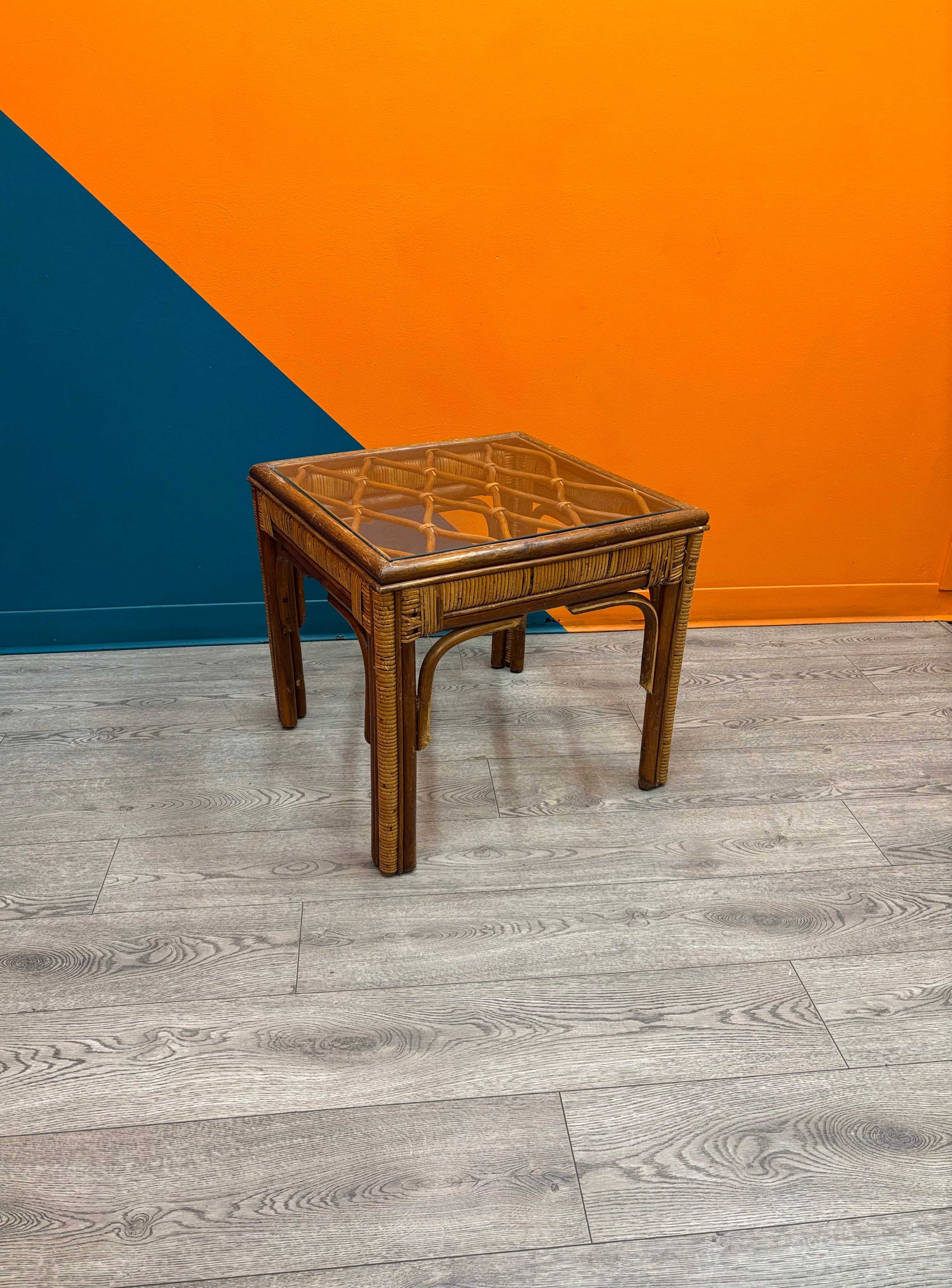 Rattan & Glass Side Table