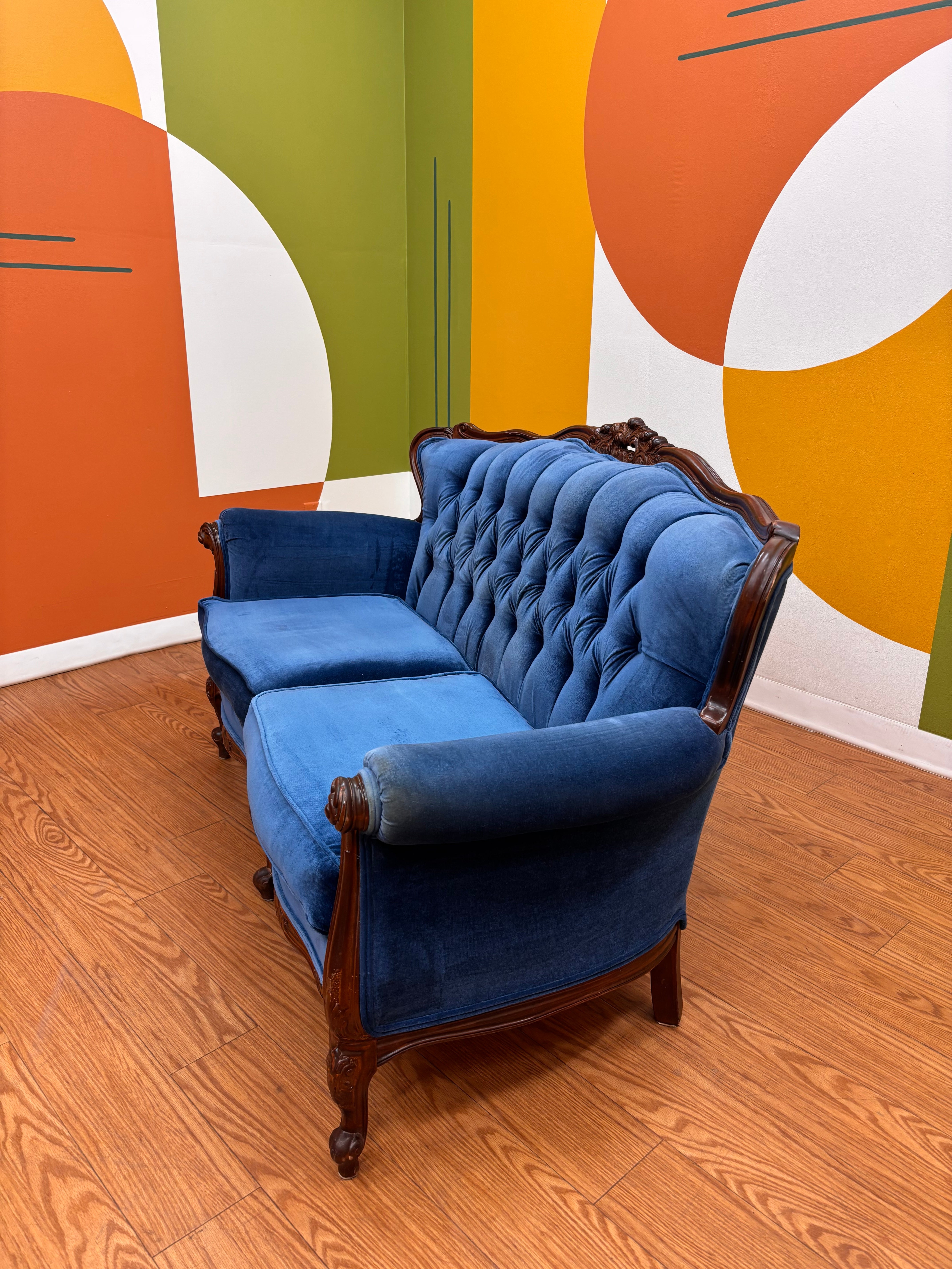 Blue Velvet Carved Wood Loveseat
