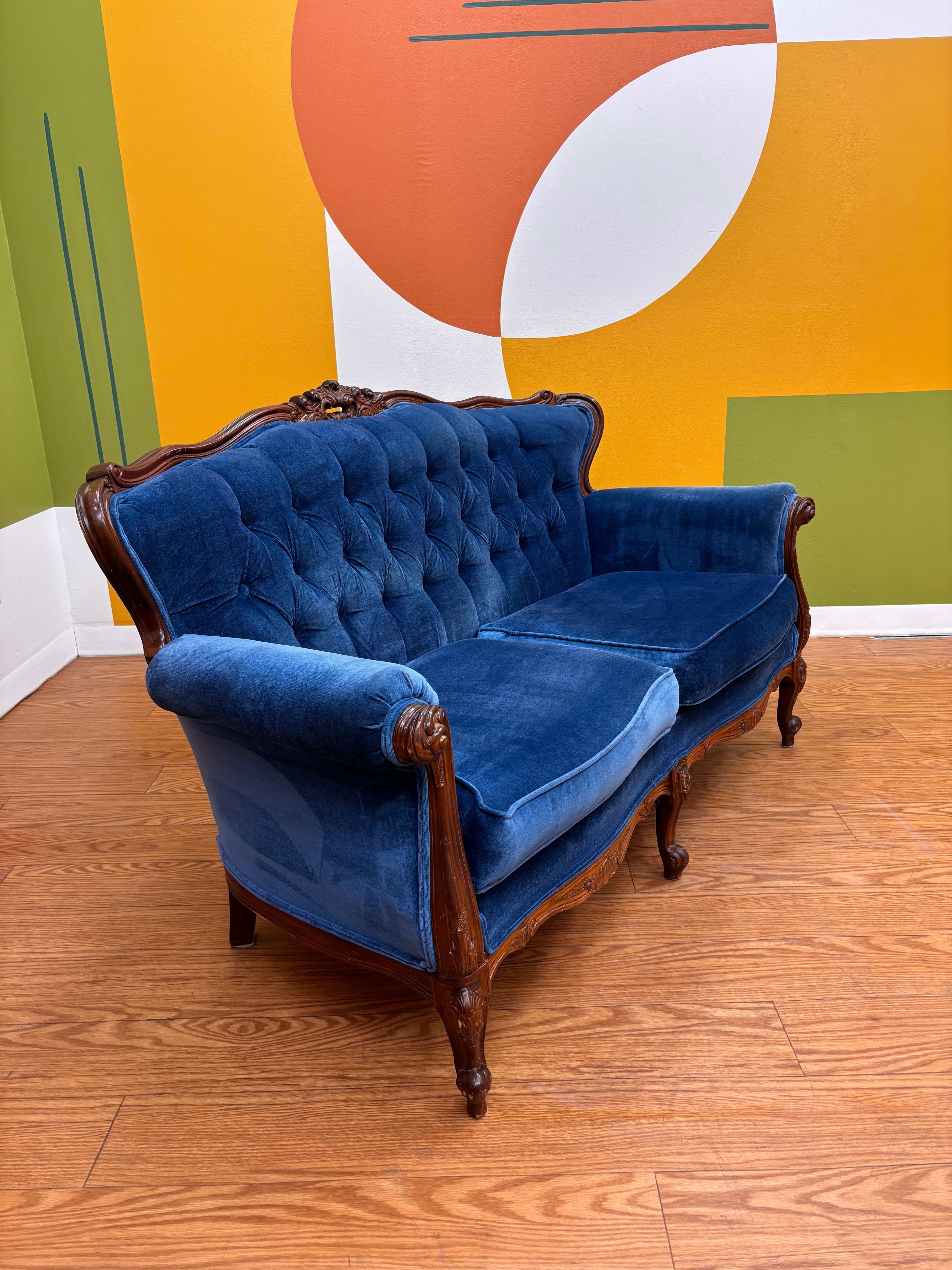 Blue Velvet Carved Wood Loveseat
