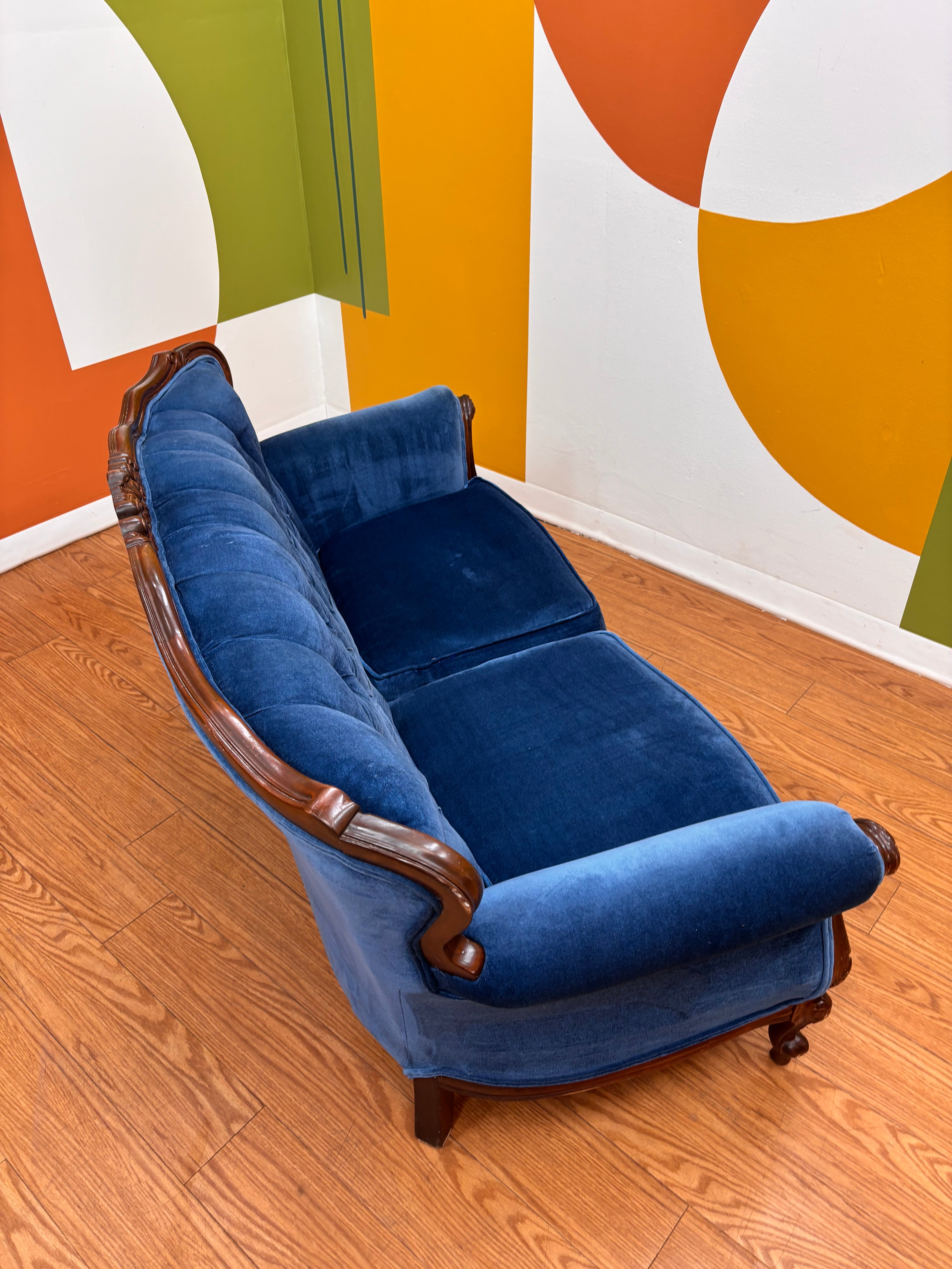 Blue Velvet Carved Wood Loveseat