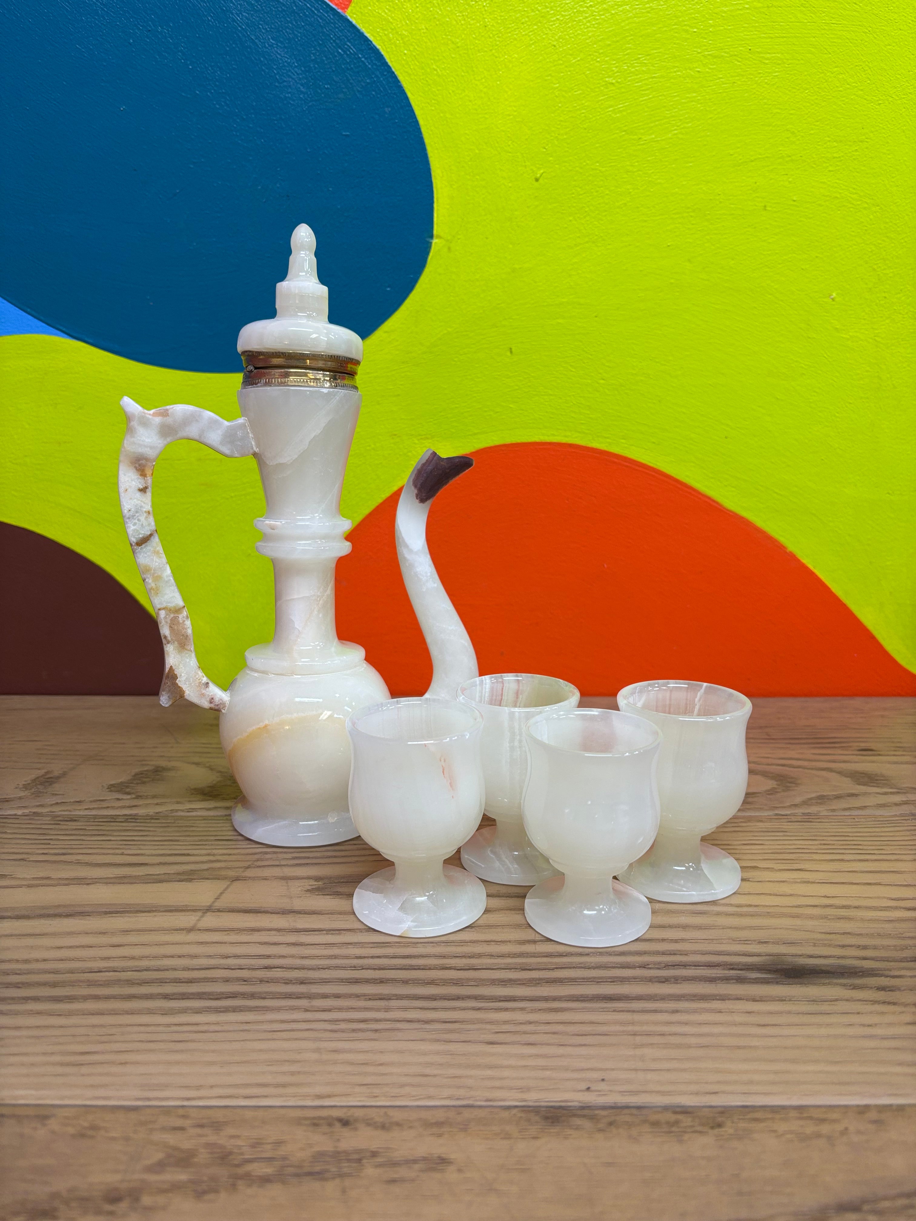 Carved Onyx Pitcher and Goblets Set