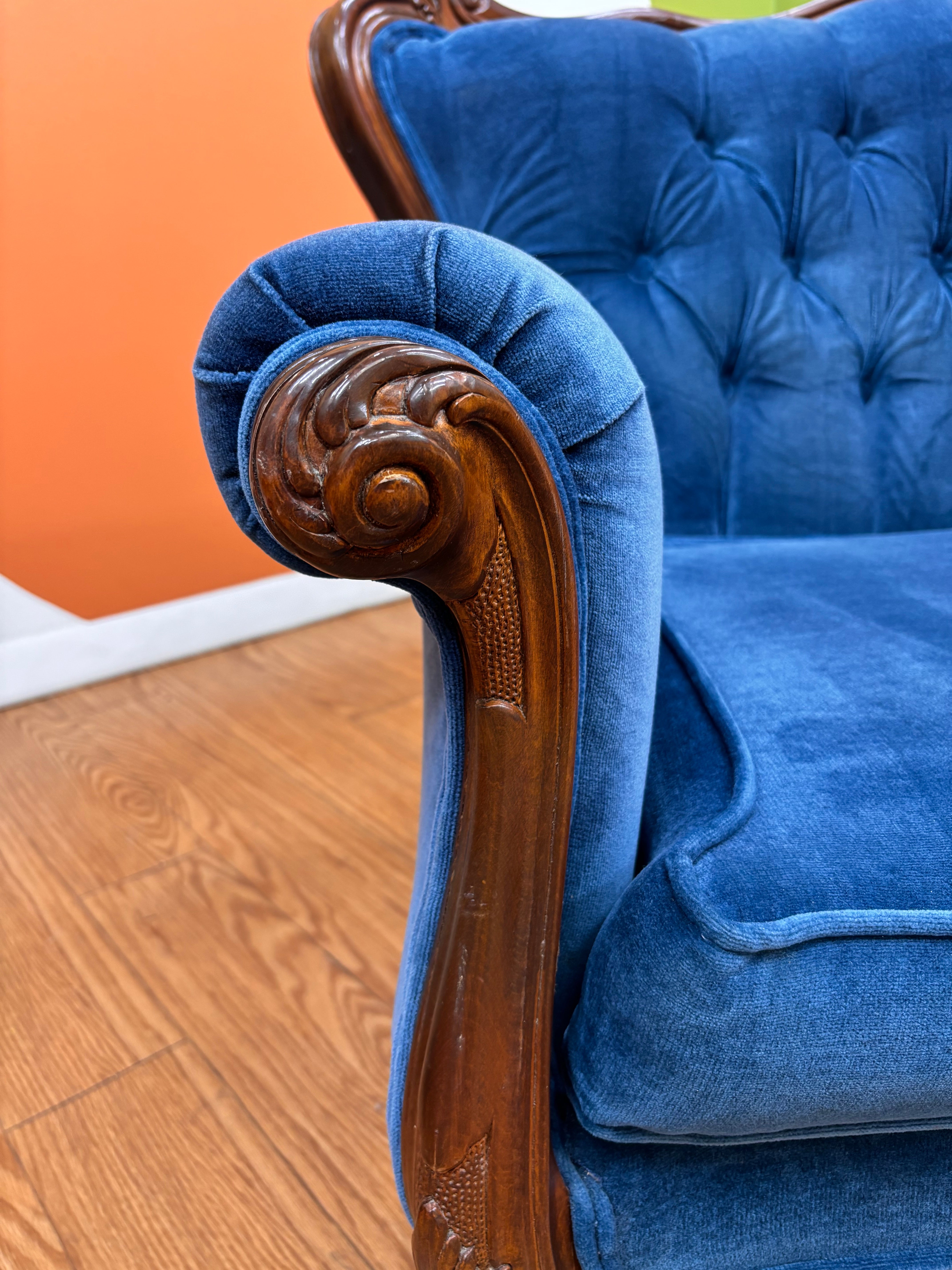 Blue Velvet Carved Wood Loveseat