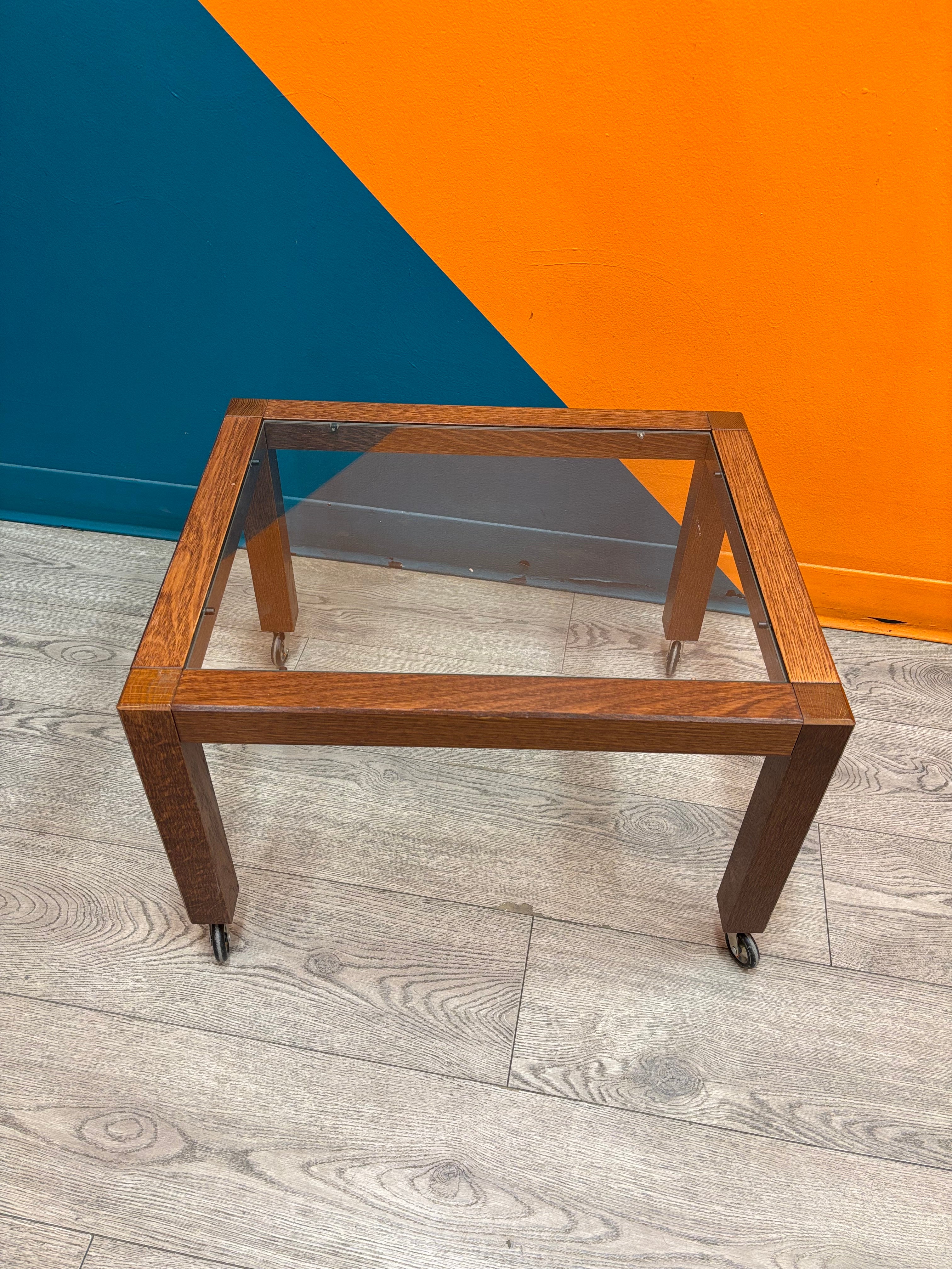 Wood & Glass Side Table on Wheels