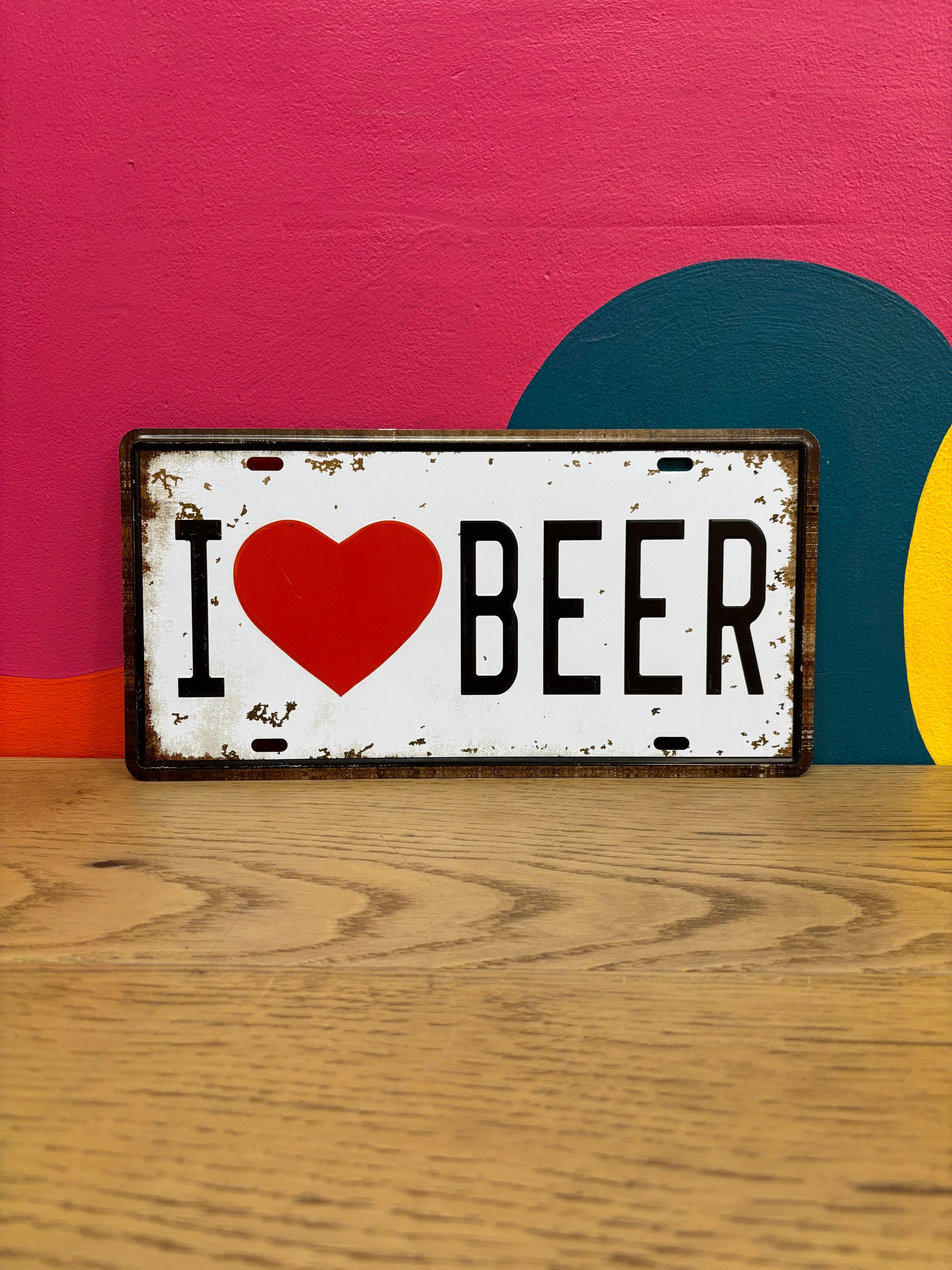 "I Love Beer" License Plate Sign