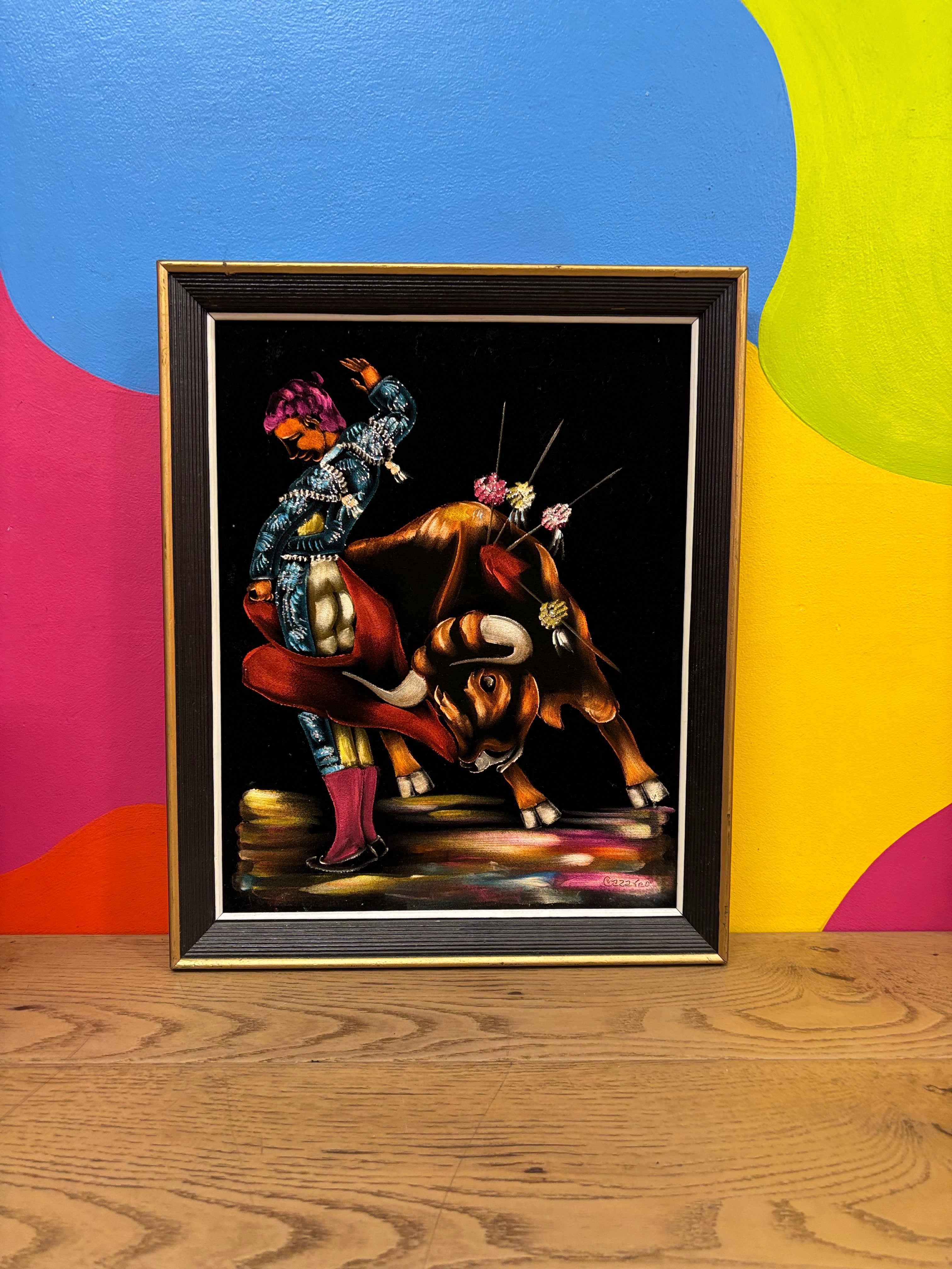Black Velvet Painting with Sparkles (Bull & Matador)