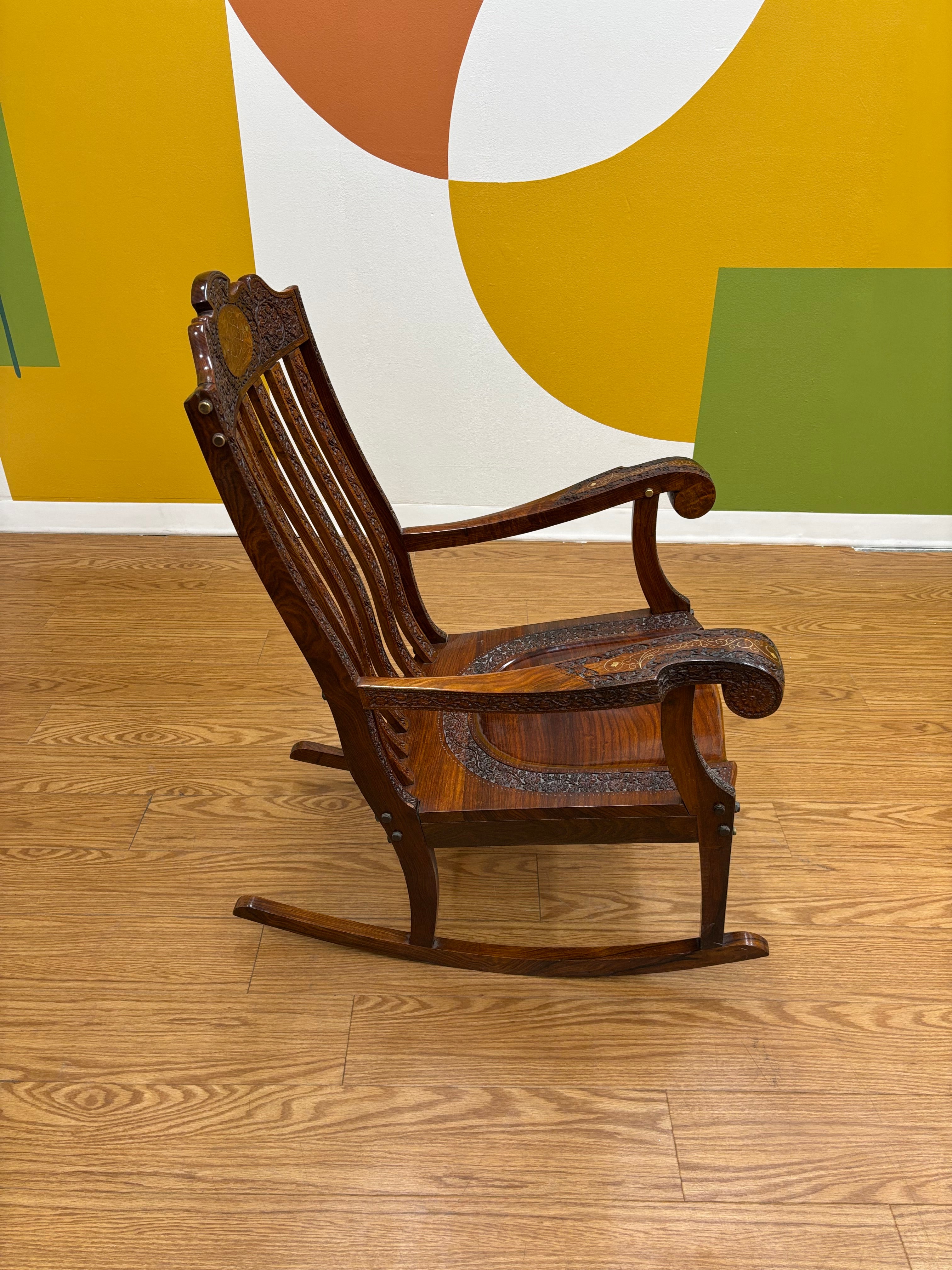 Wood Carved Brass Inlay Rocking Chair