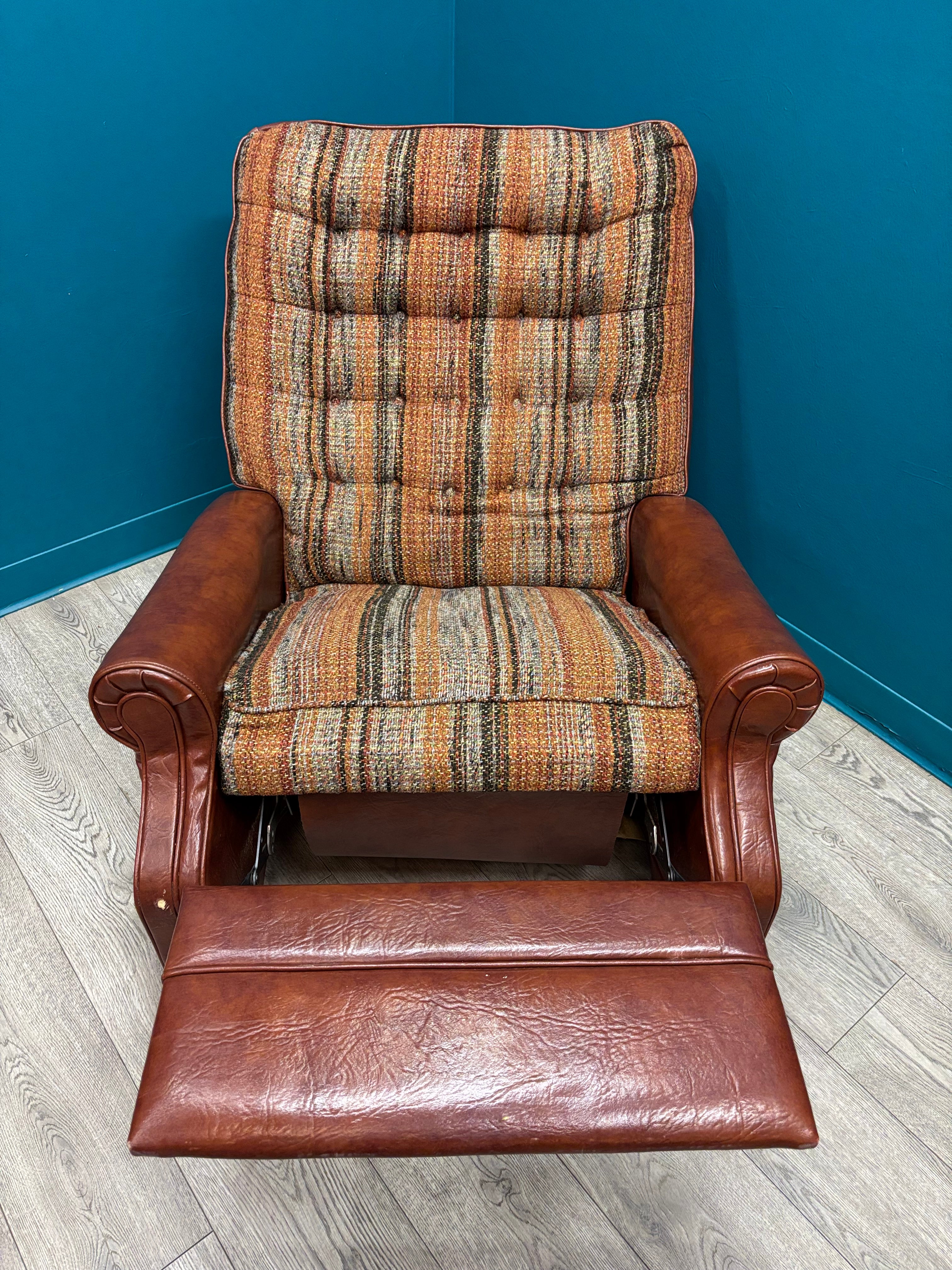 Plaid & Brown Pleather Recliner
