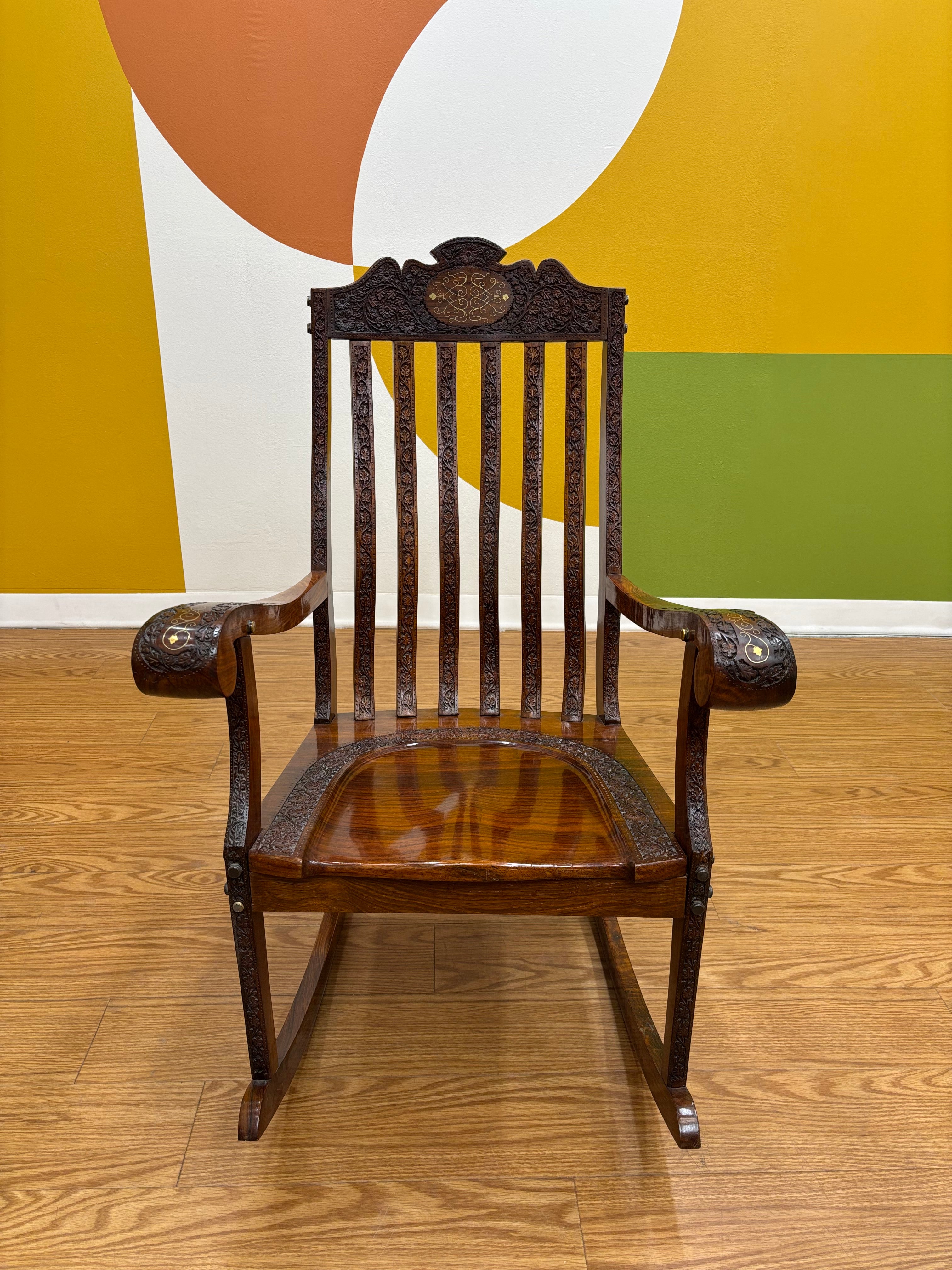 Wood Carved Brass Inlay Rocking Chair