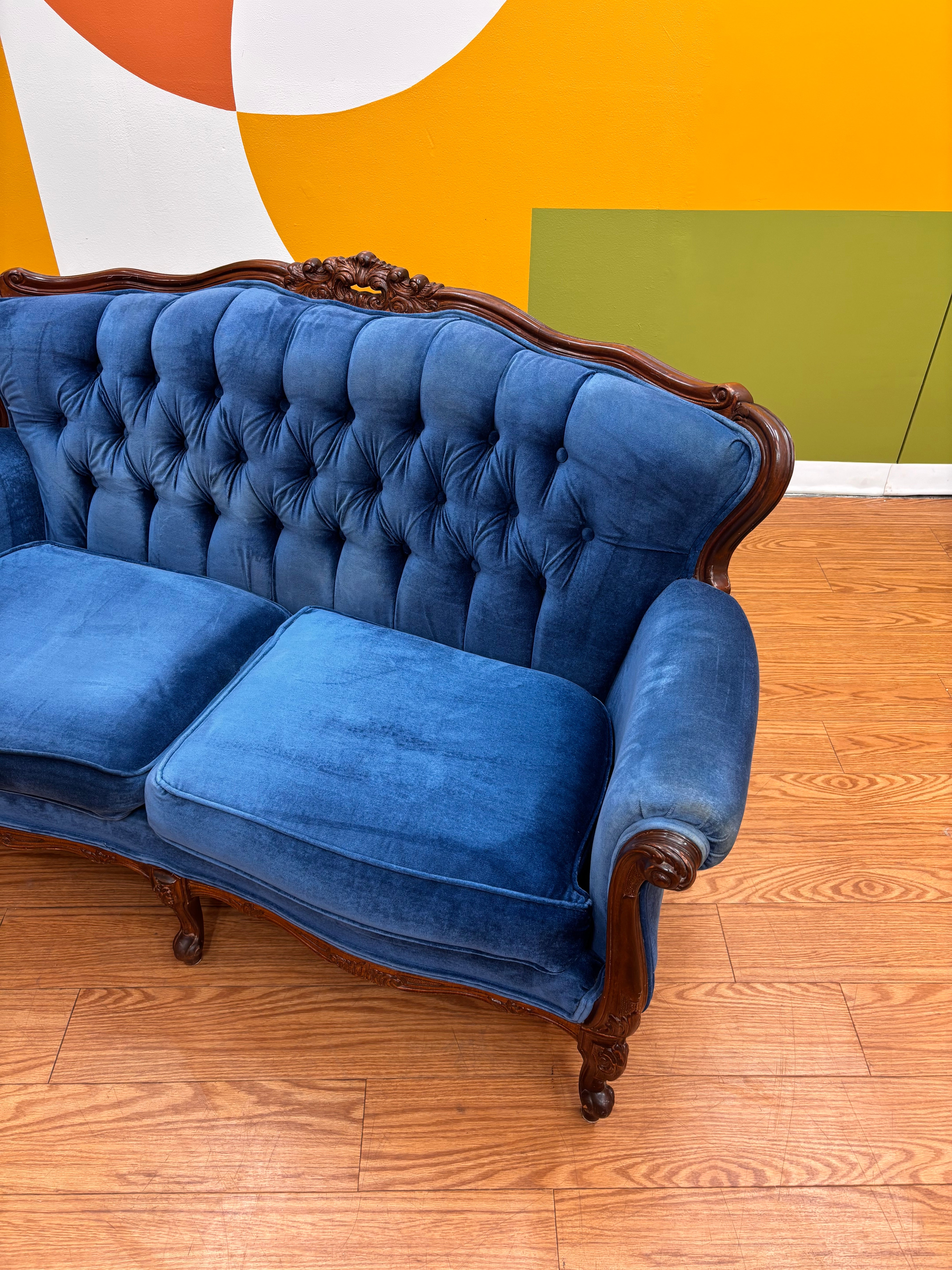 Blue Velvet Carved Wood Loveseat