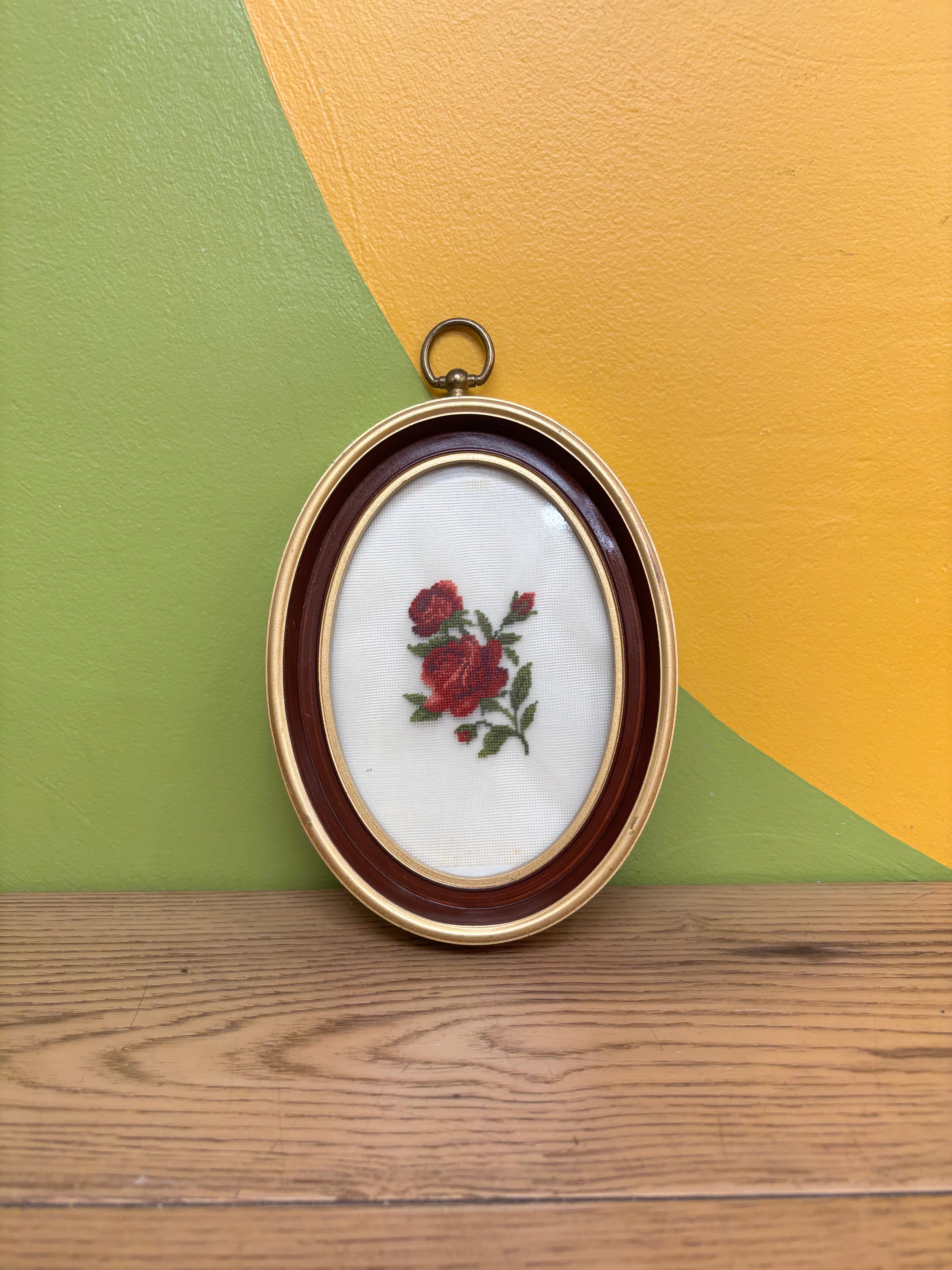 Oval Red Rose Needlepoint