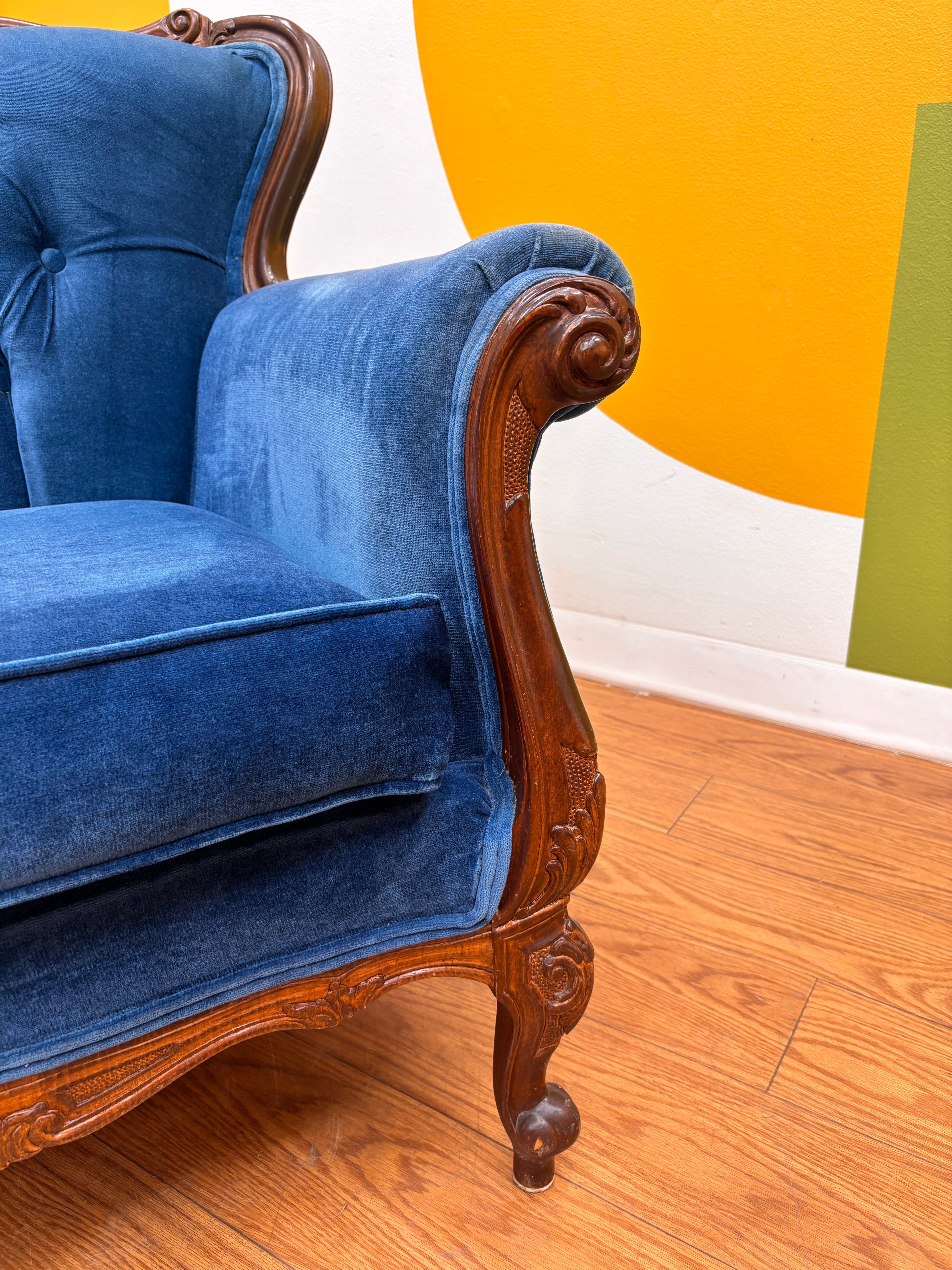 Blue Velvet Carved Wood Loveseat