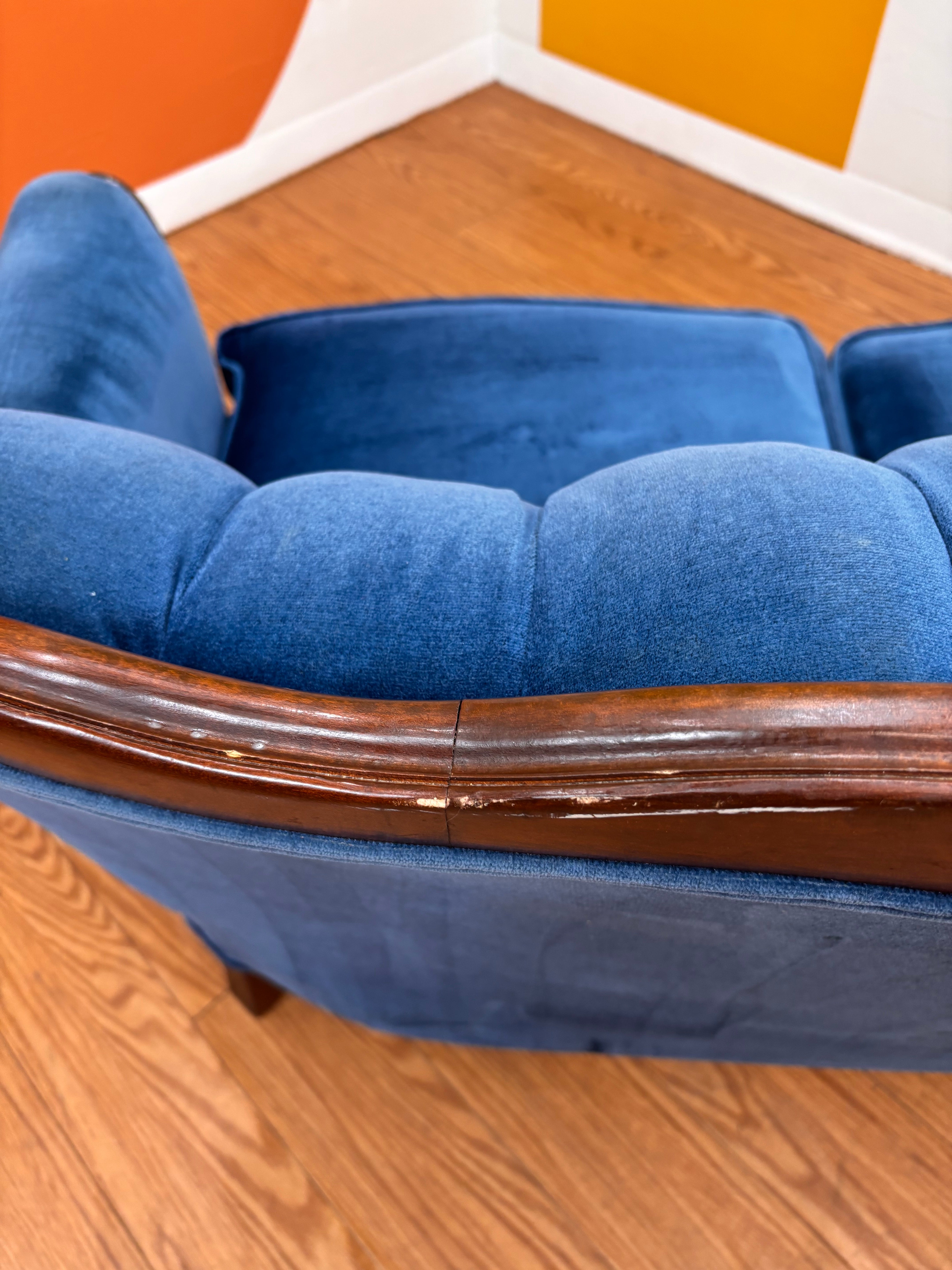 Blue Velvet Carved Wood Loveseat