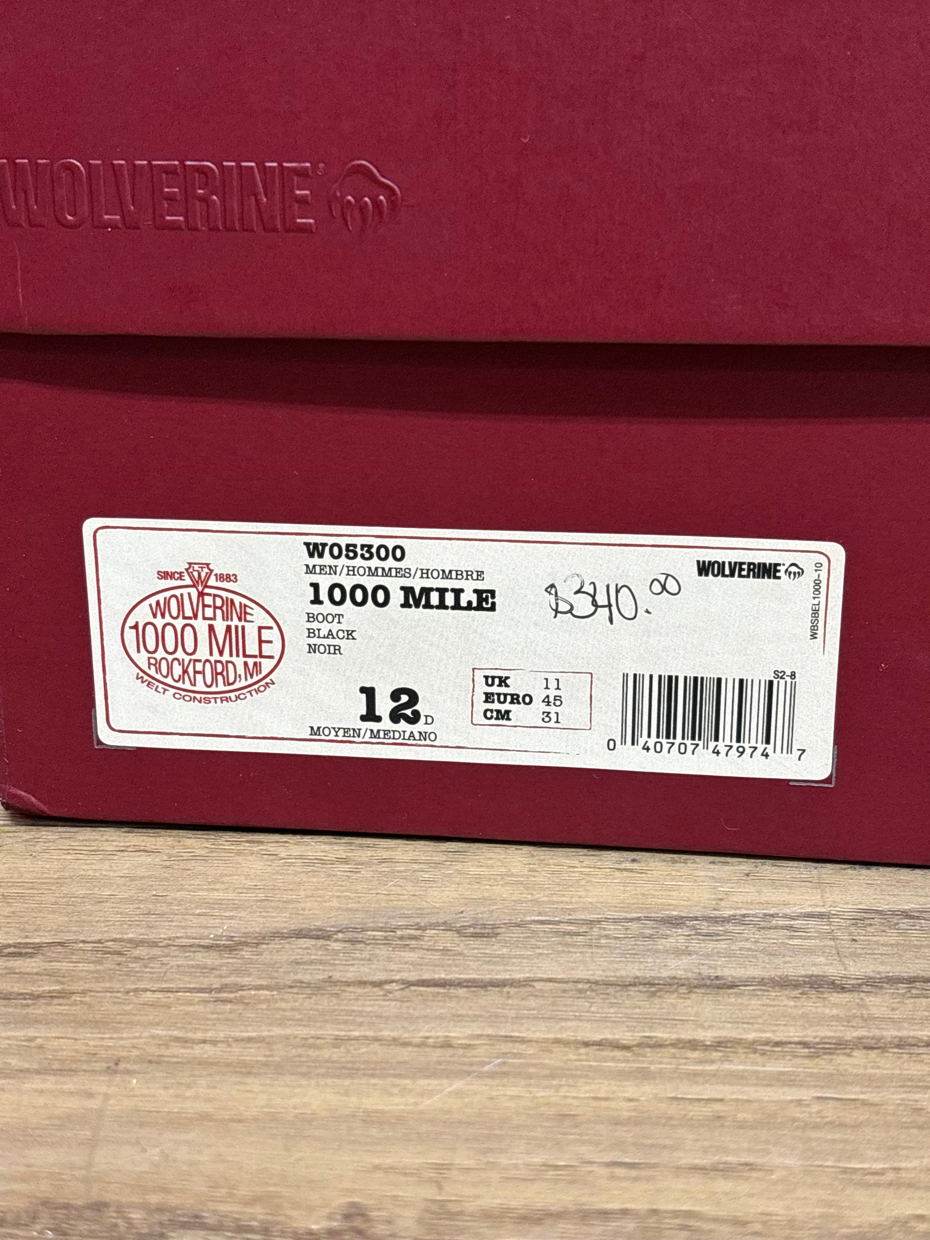 Wolverine 1000 Mile Black Leather Boots - Size 12