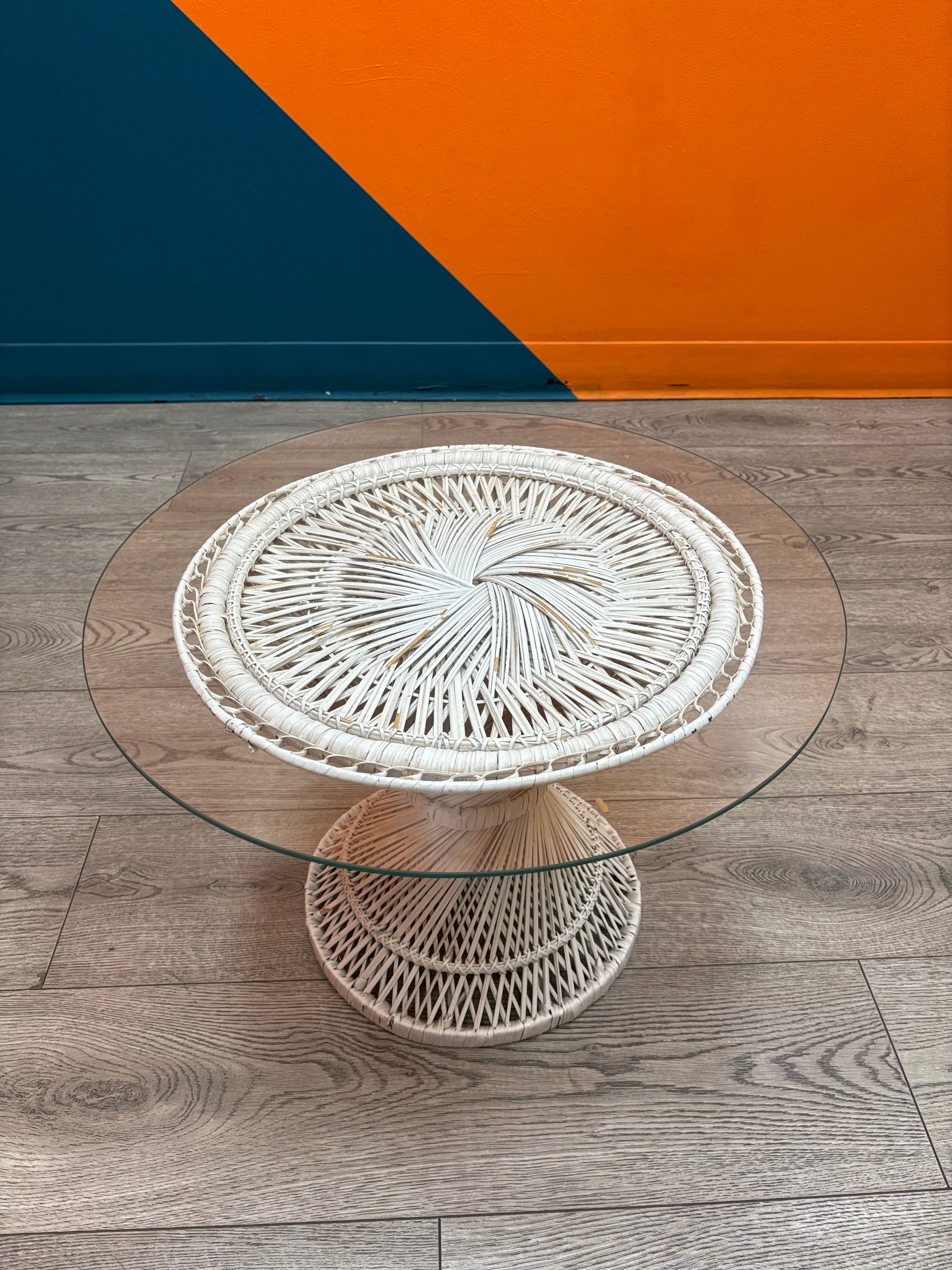 White Wicker Glass Side Table