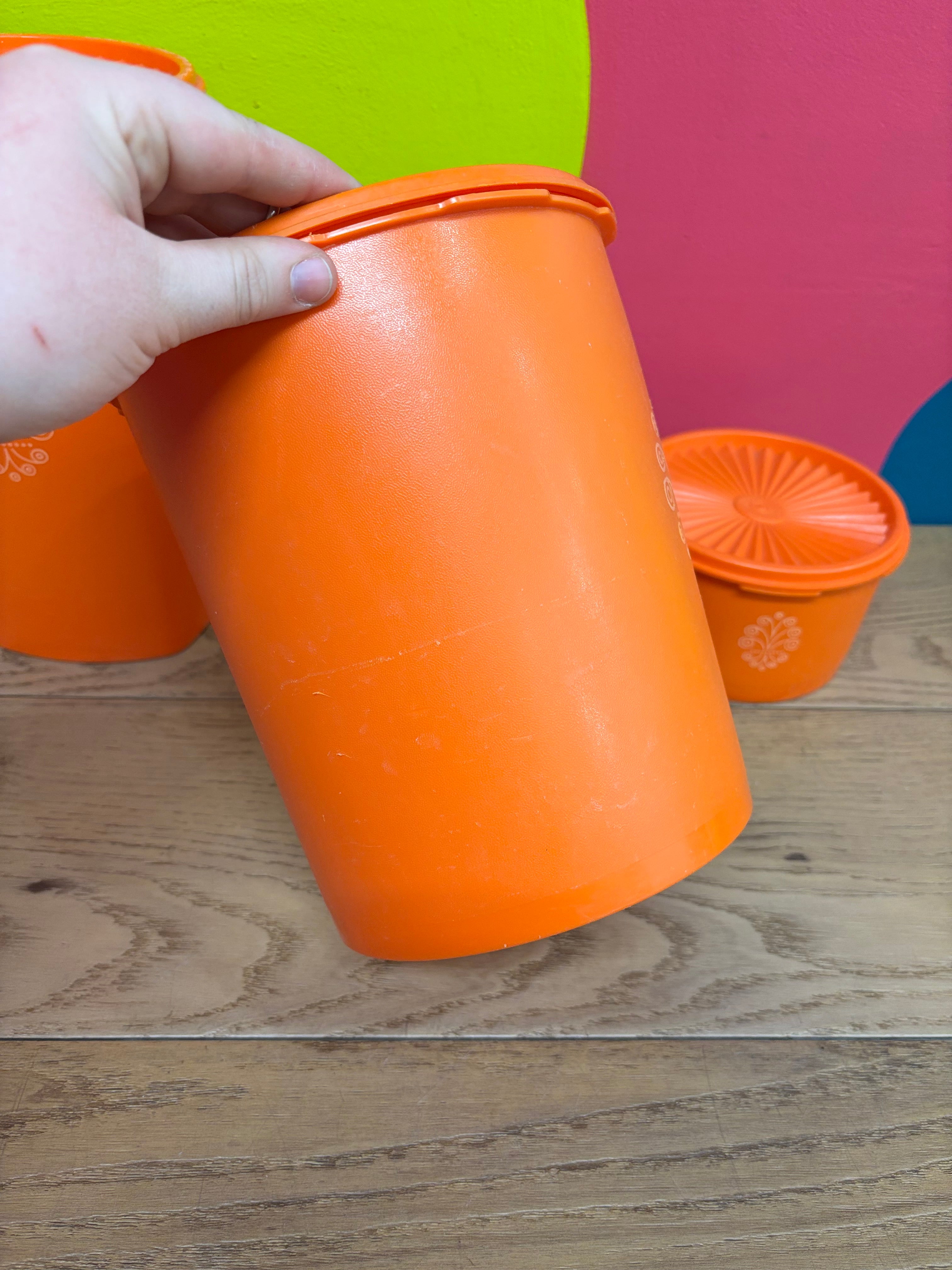 (3) Orange Tupperware Canisters
