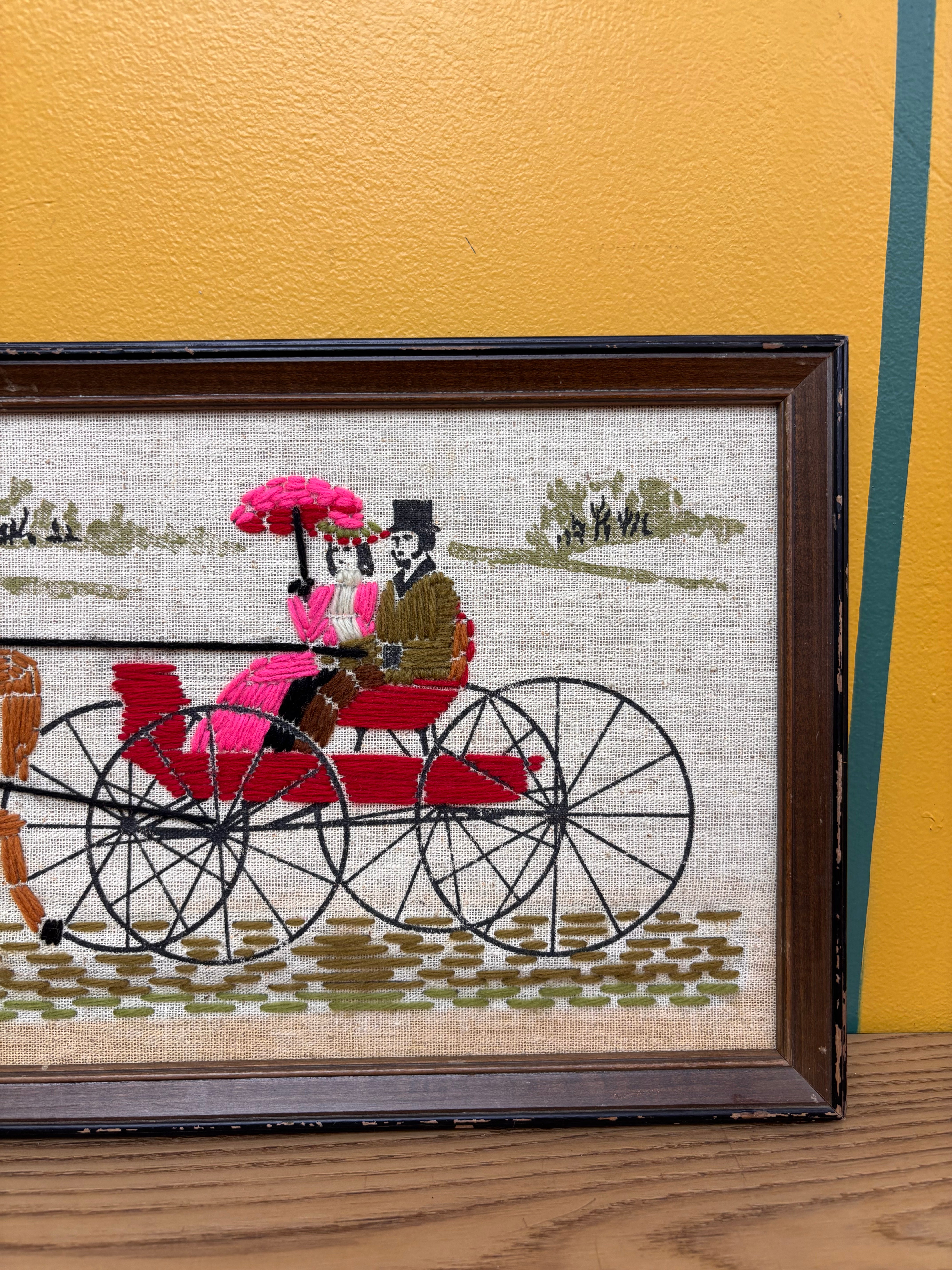Framed Horse and Carriage Yarn Art