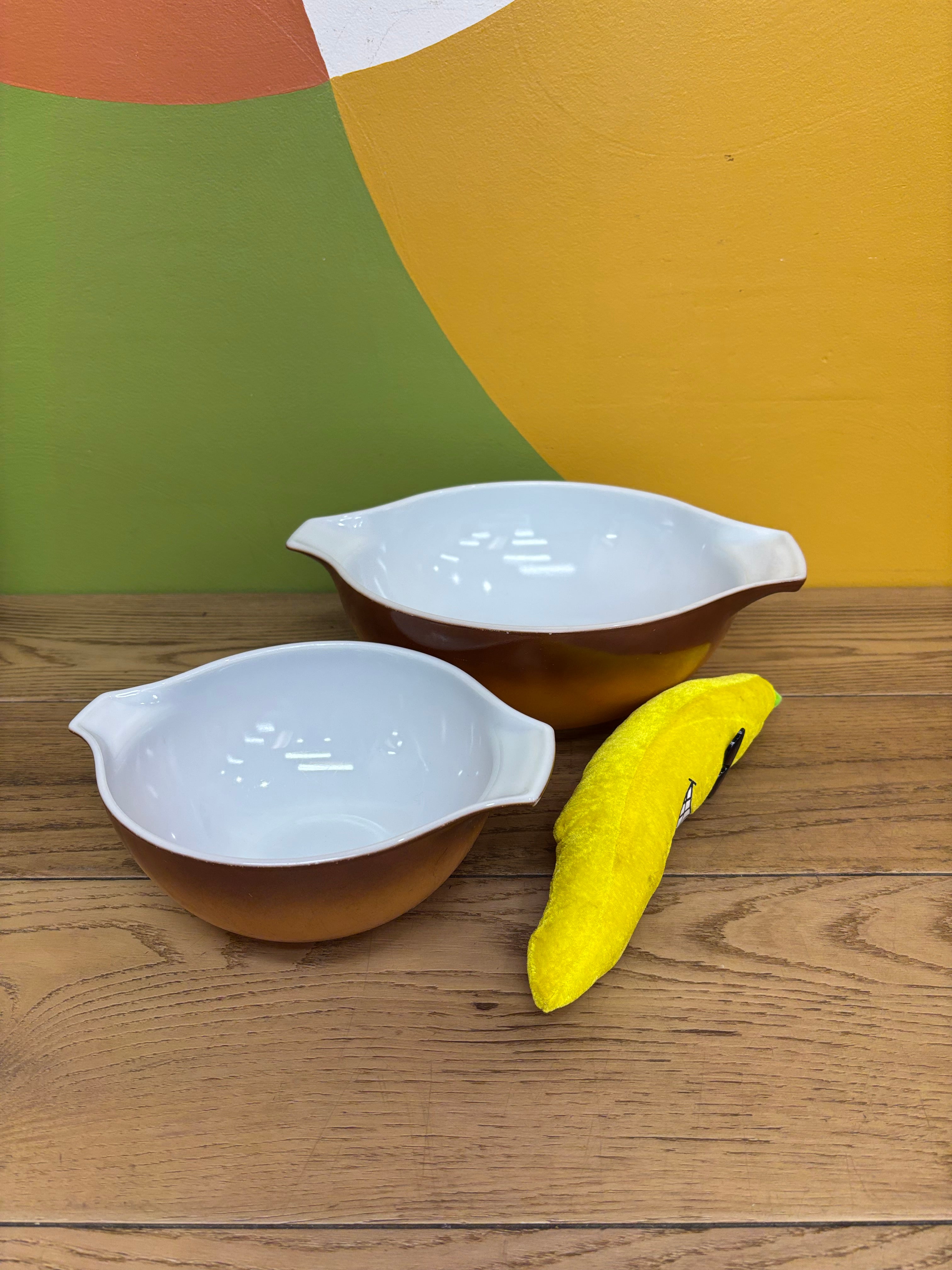 (2) Pyrex Old Orchard Brown Mixing Bowls
