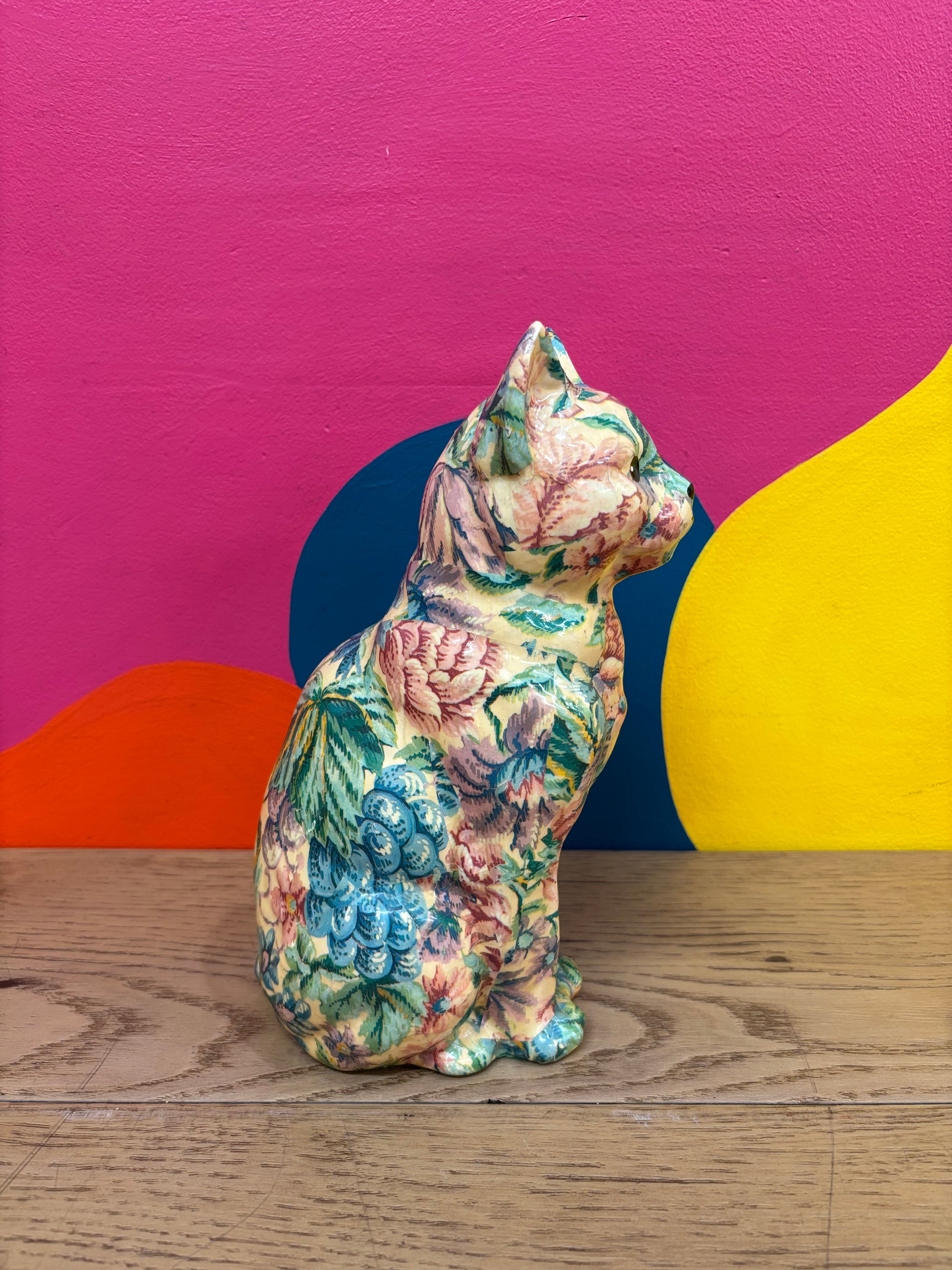 Floral Ceramic Cat Statue