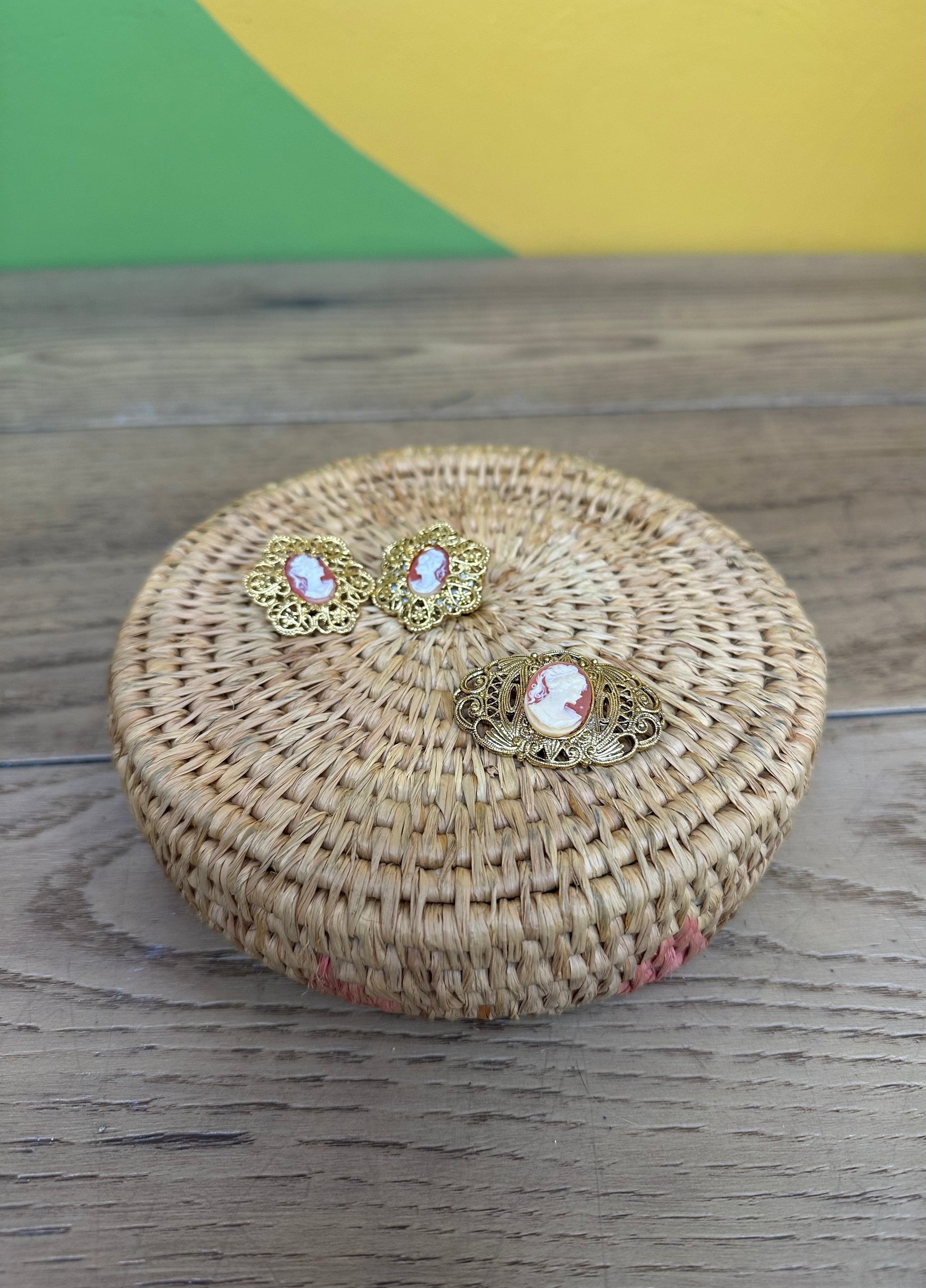 Gold Tone Cameo Earrings and Brooch Set