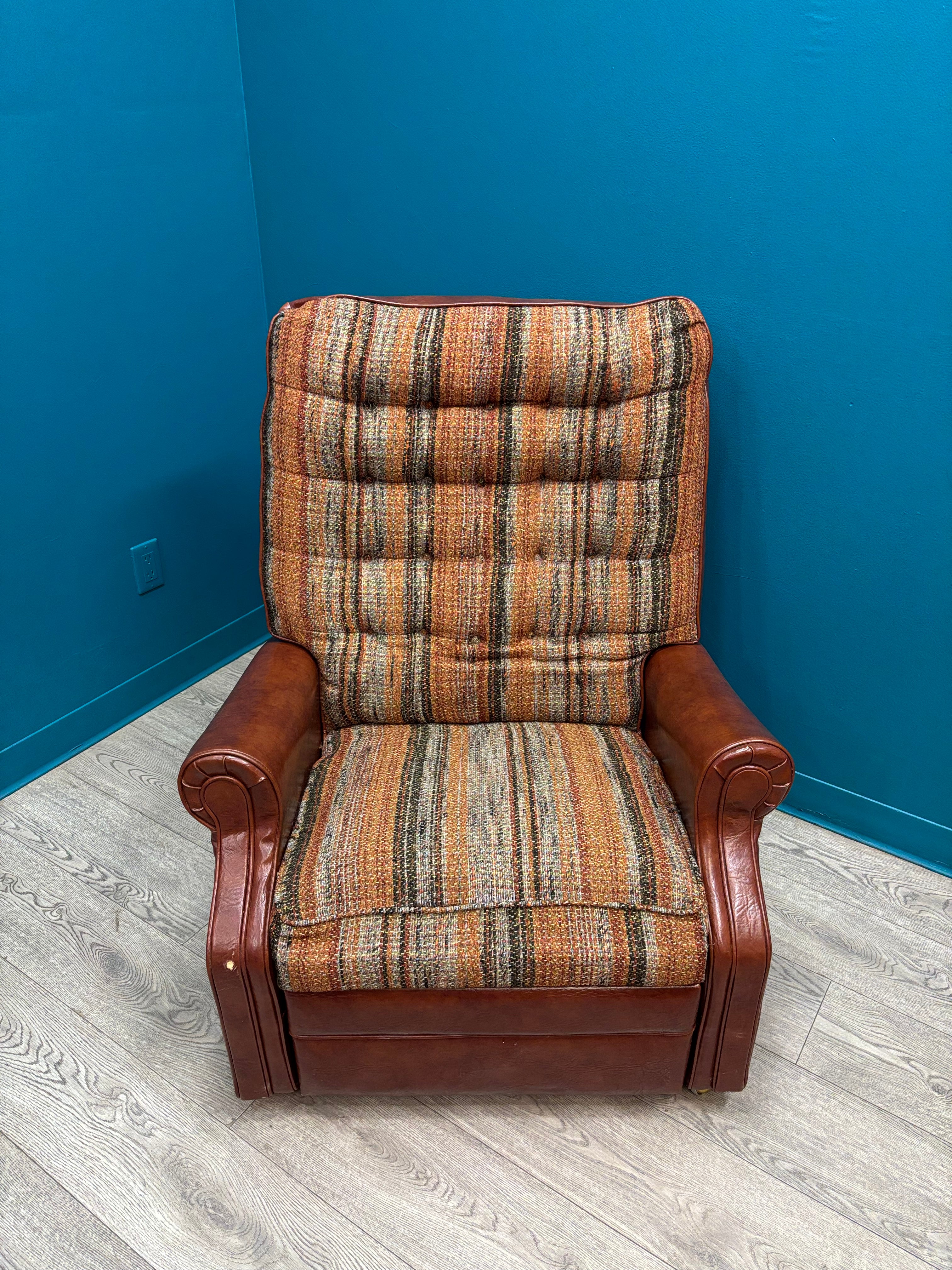 Plaid & Brown Pleather Recliner