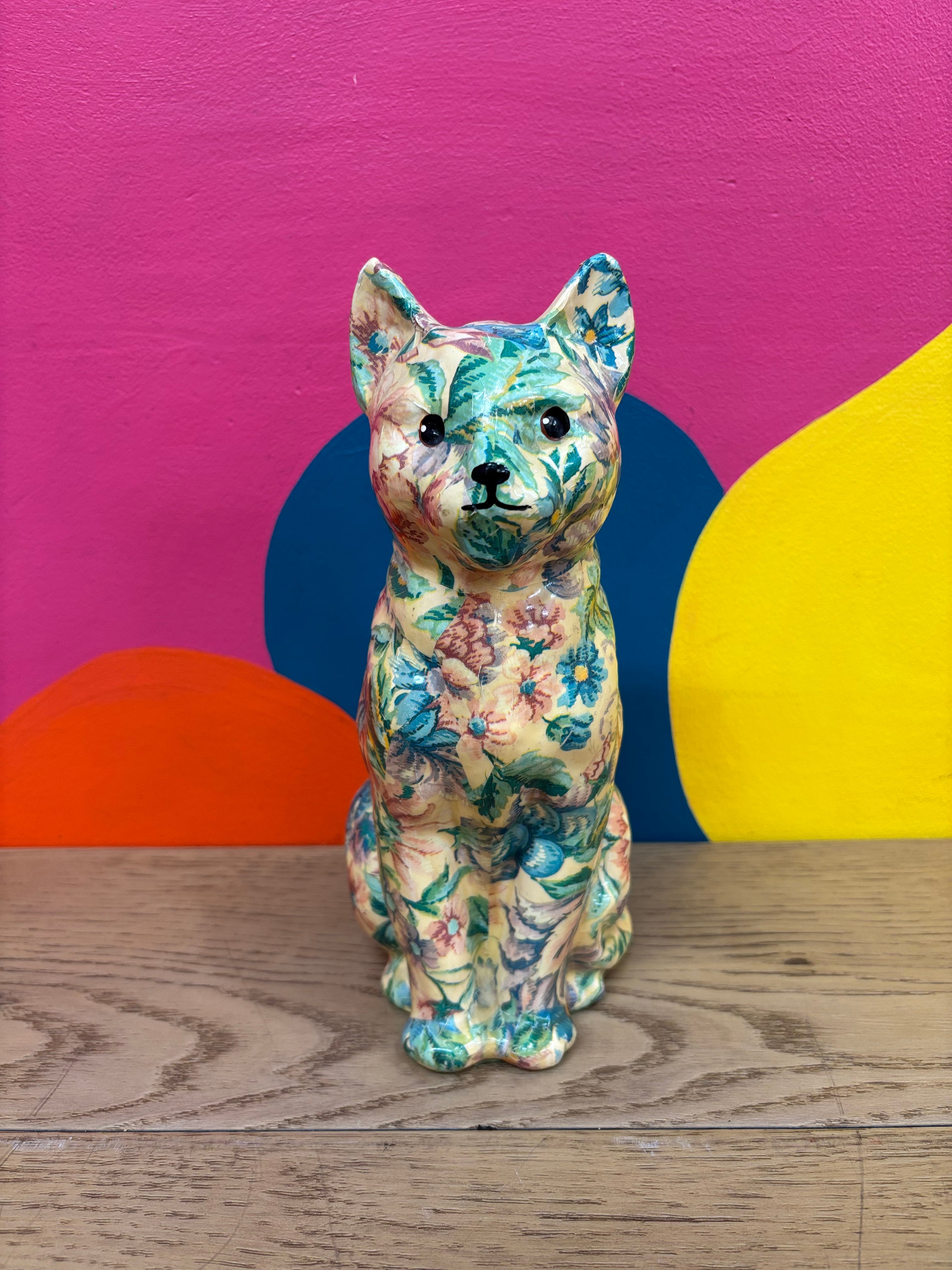 Floral Ceramic Cat Statue