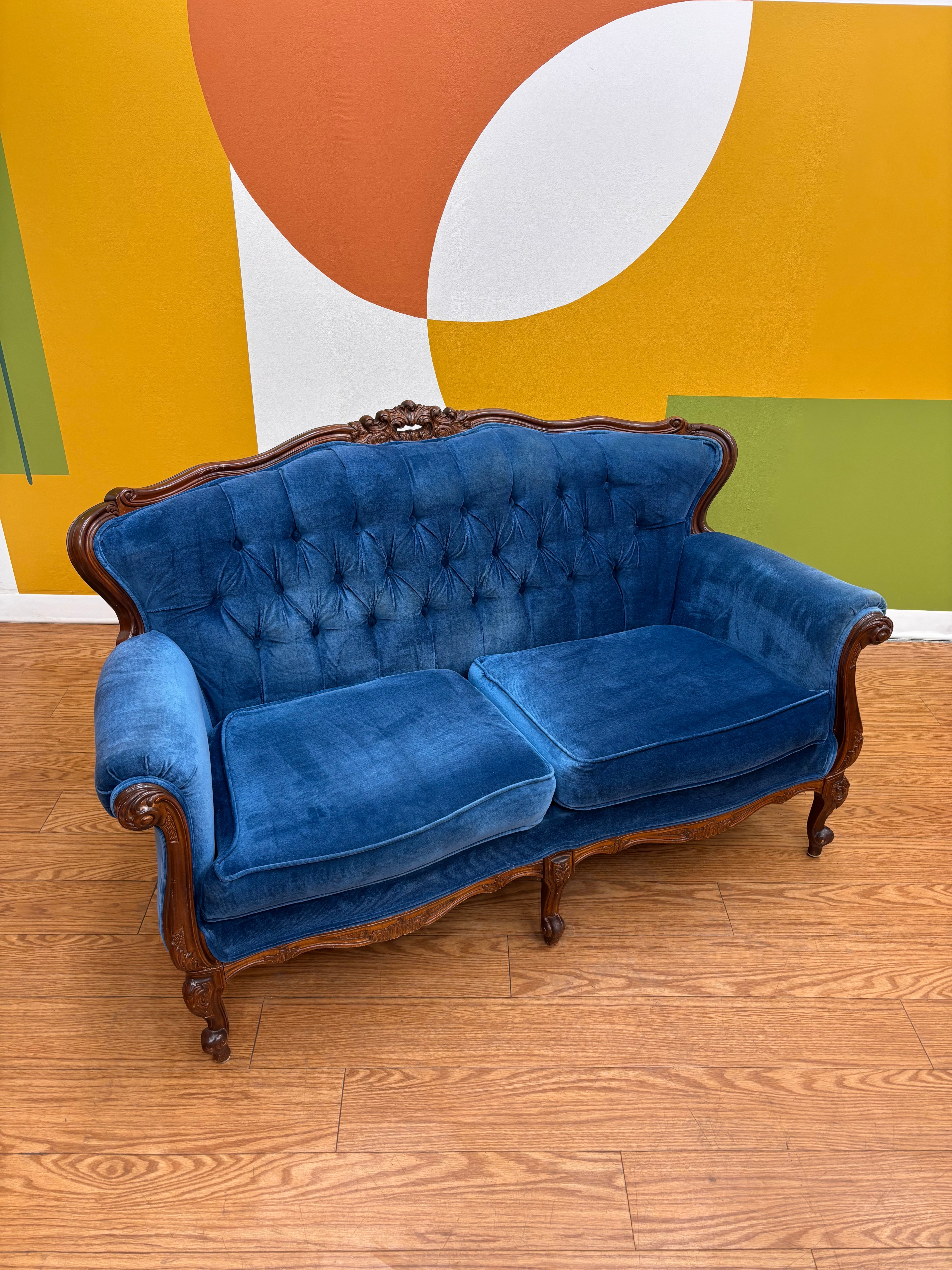 Blue Velvet Carved Wood Loveseat