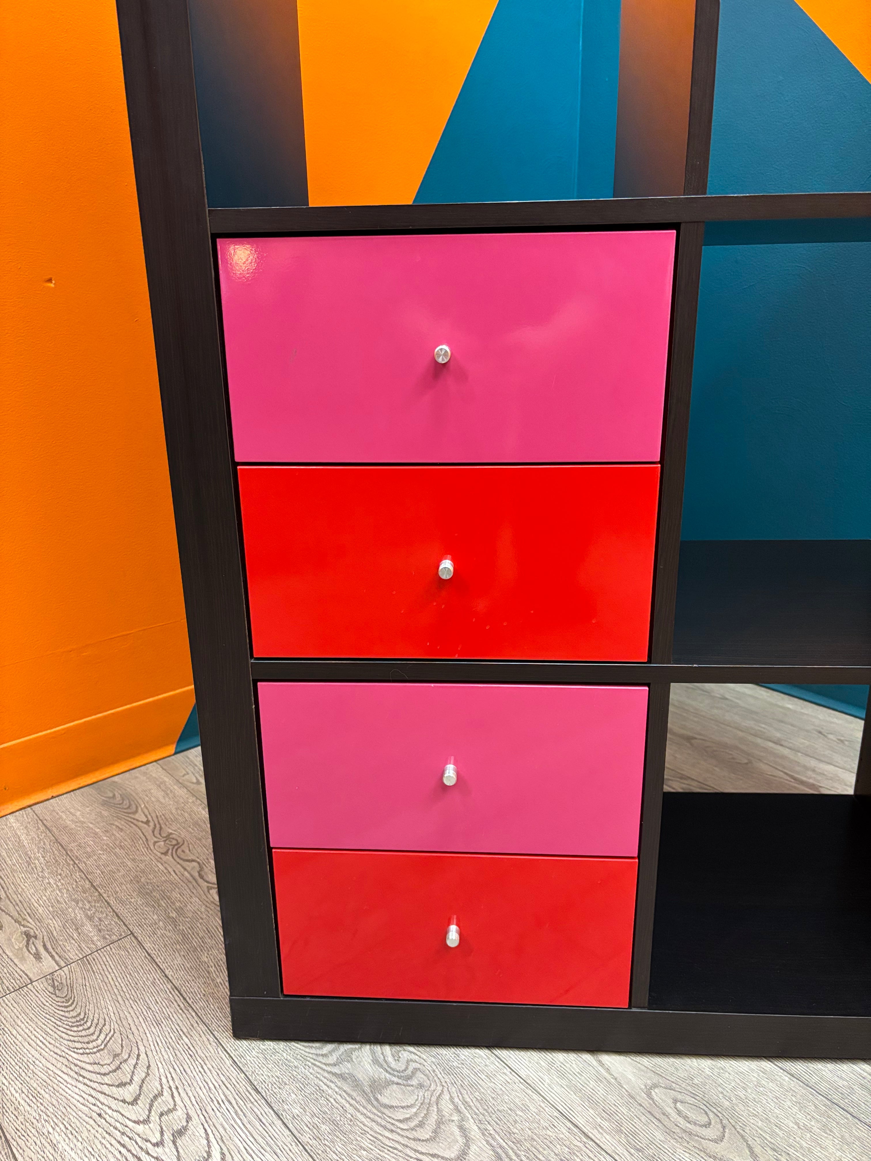 Kallax Shelves with Red & Pink Drawers