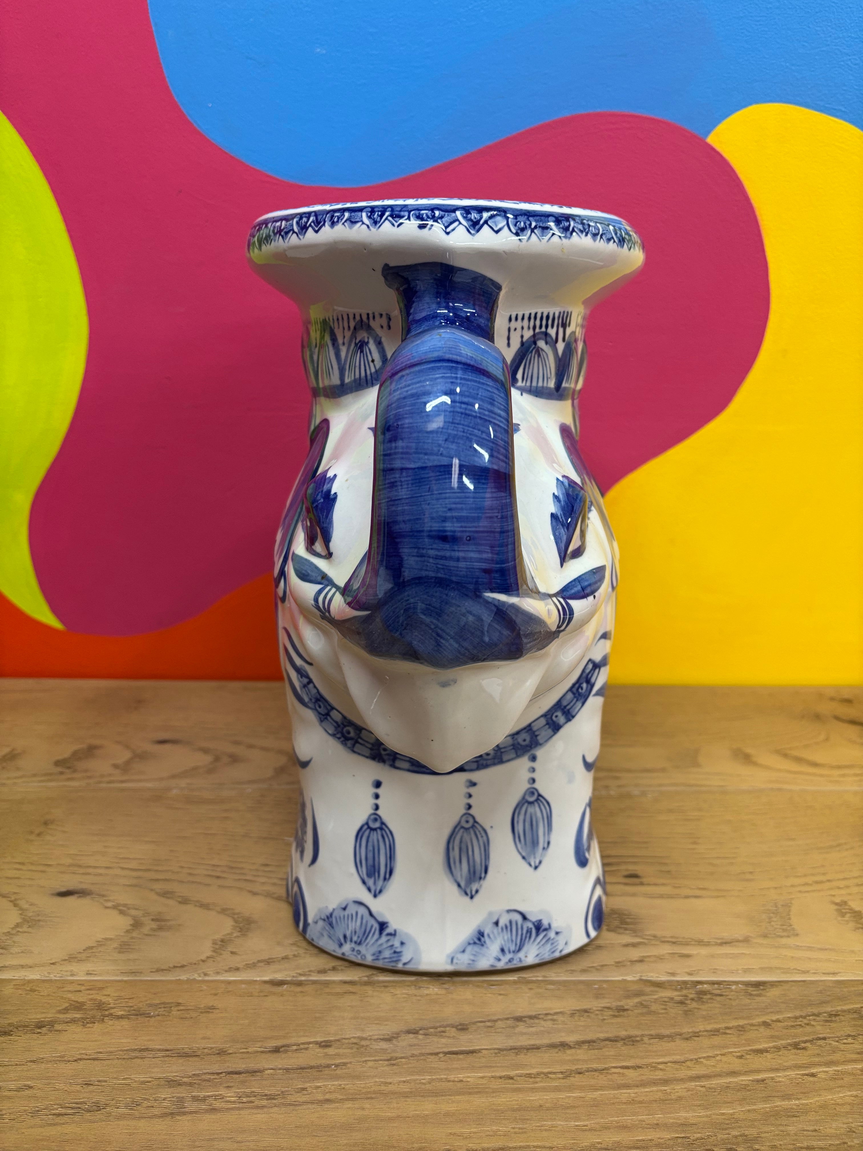 Ceramic Blue & White Elephant Plant Stand - The Bombay Co