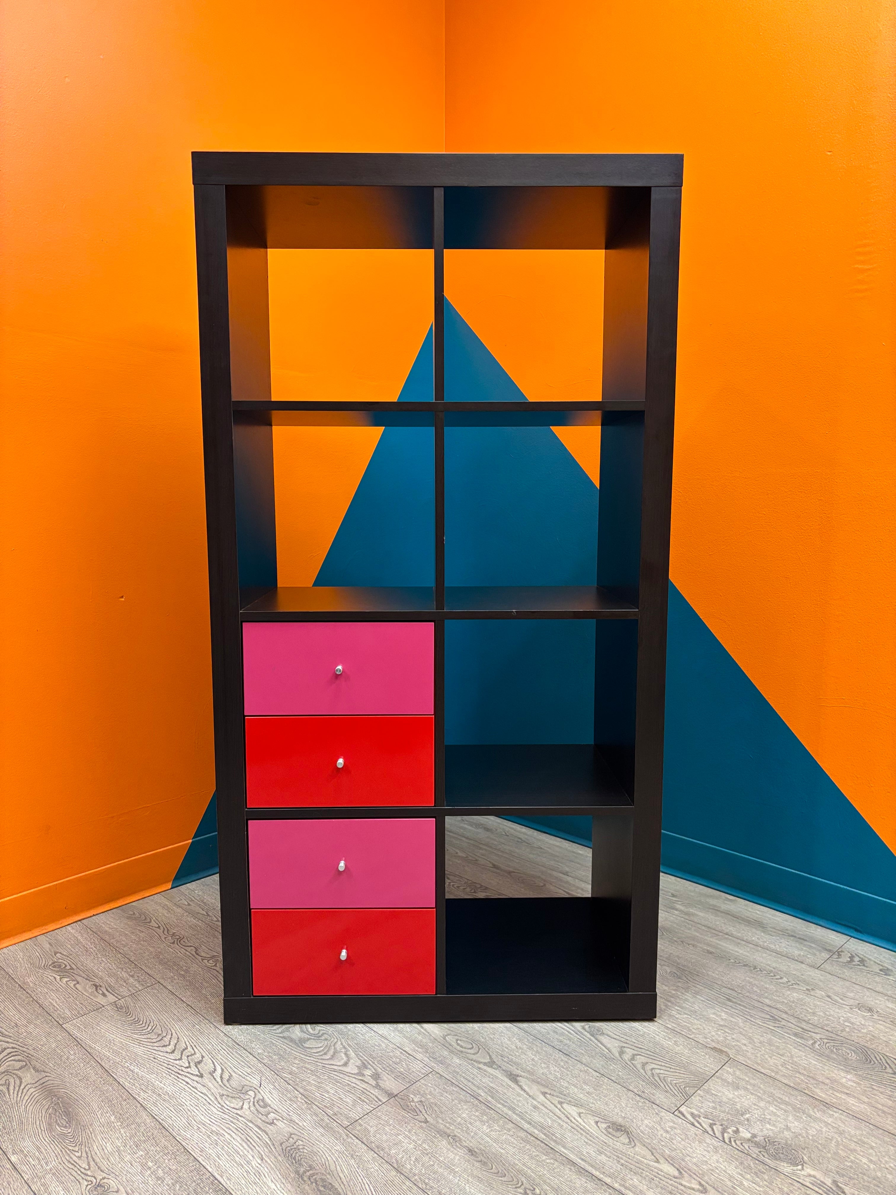 Kallax Shelves with Red & Pink Drawers