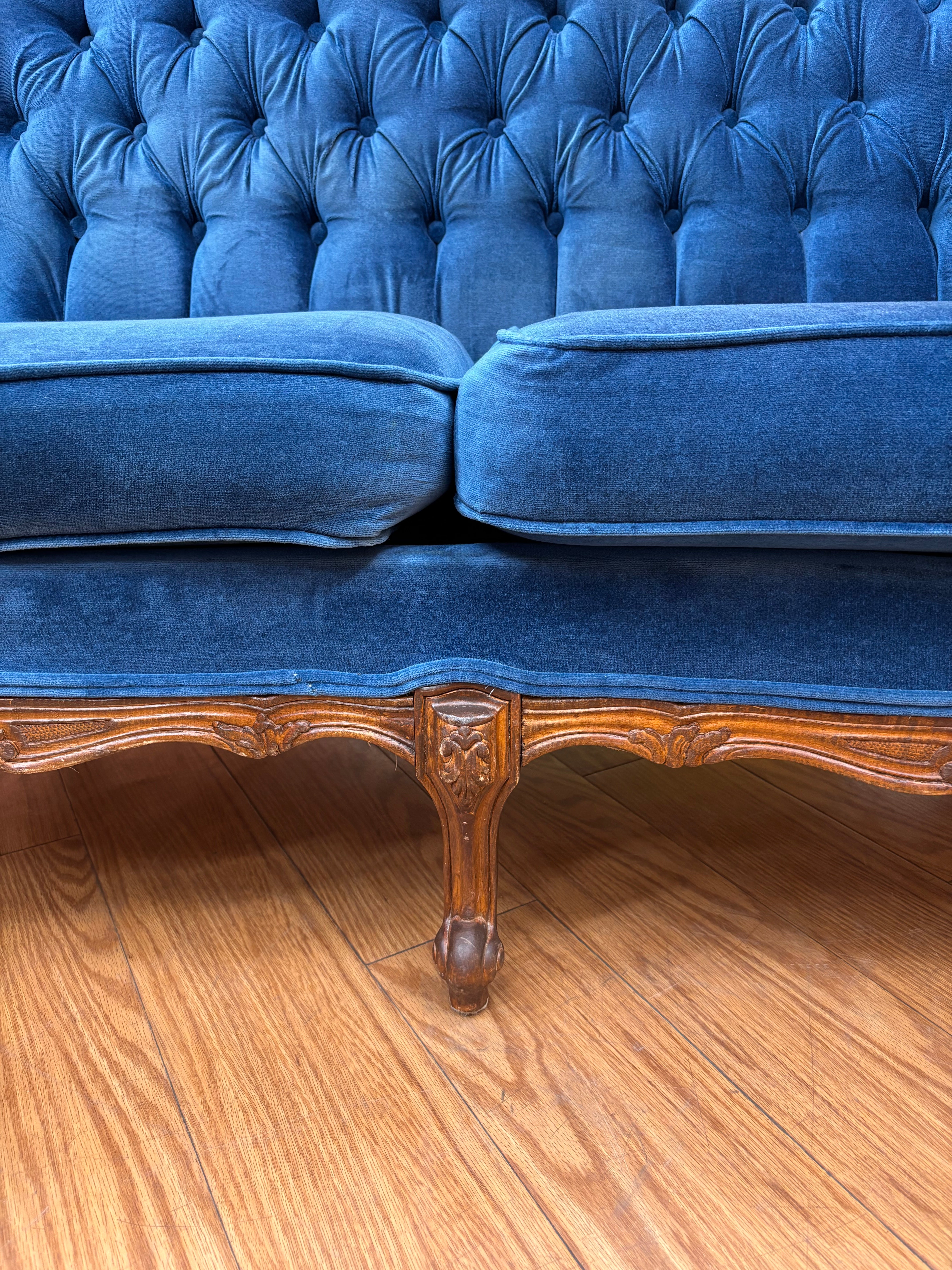 Blue Velvet Carved Wood Loveseat