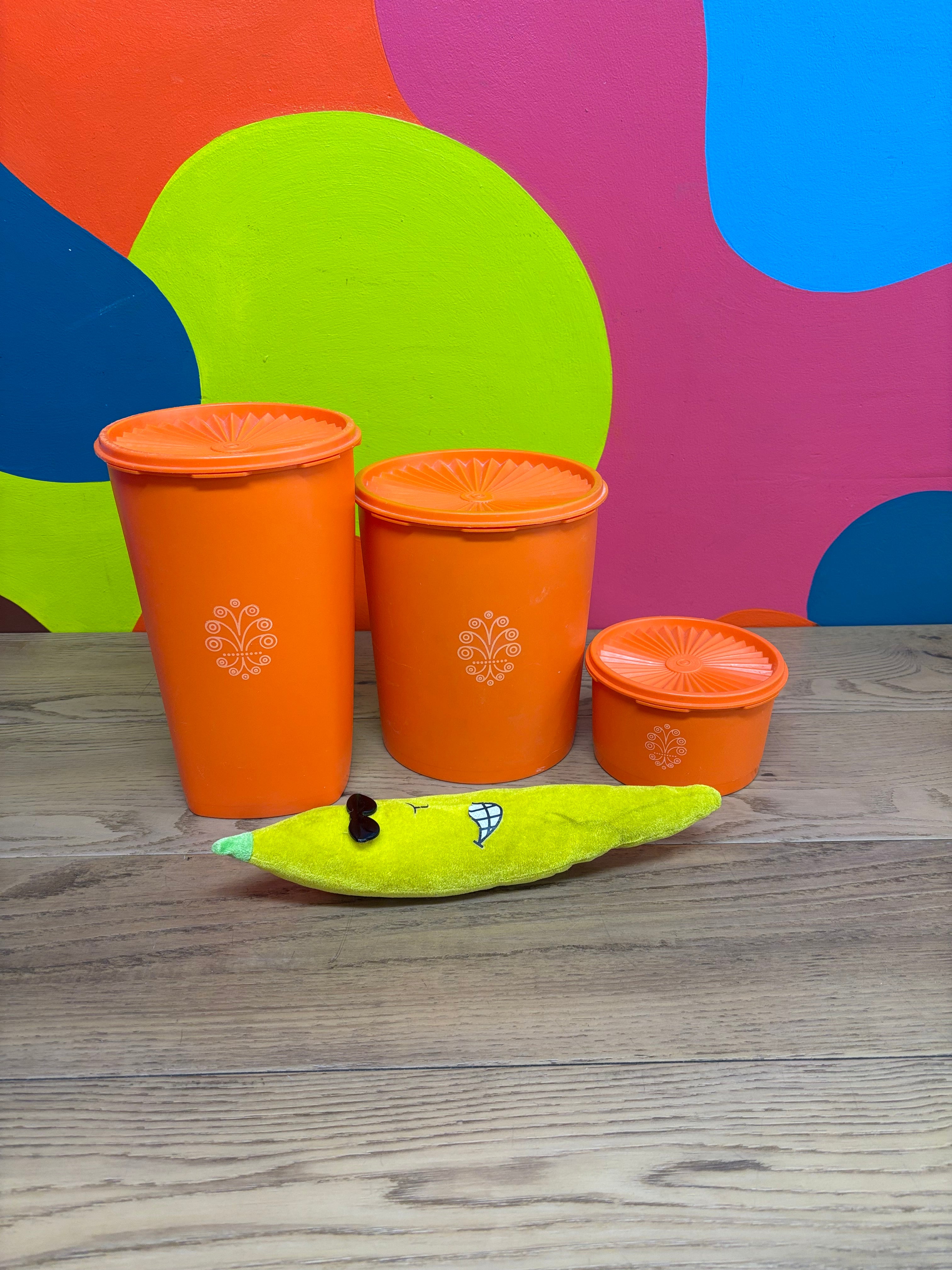 (3) Orange Tupperware Canisters