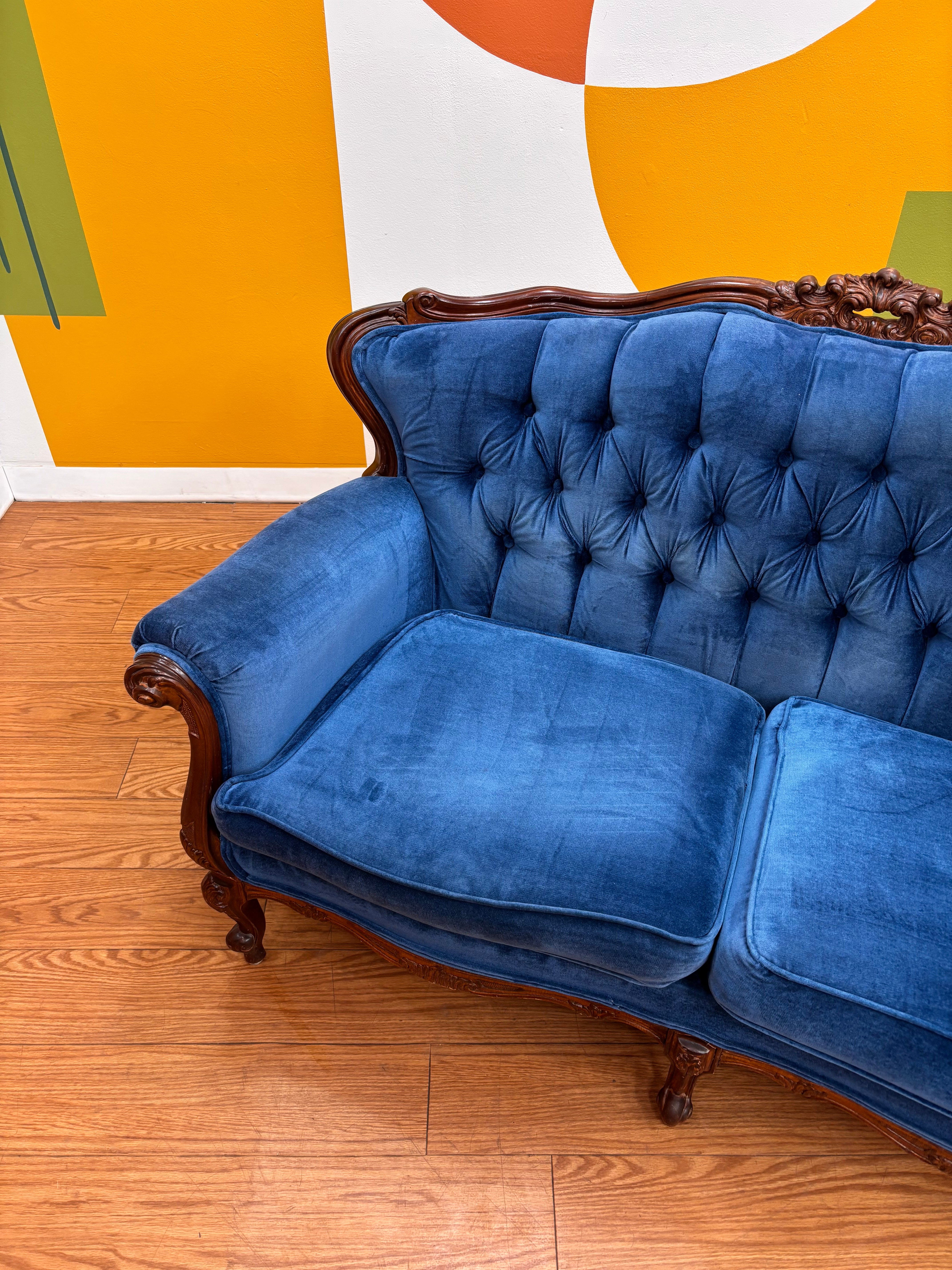 Blue Velvet Carved Wood Loveseat