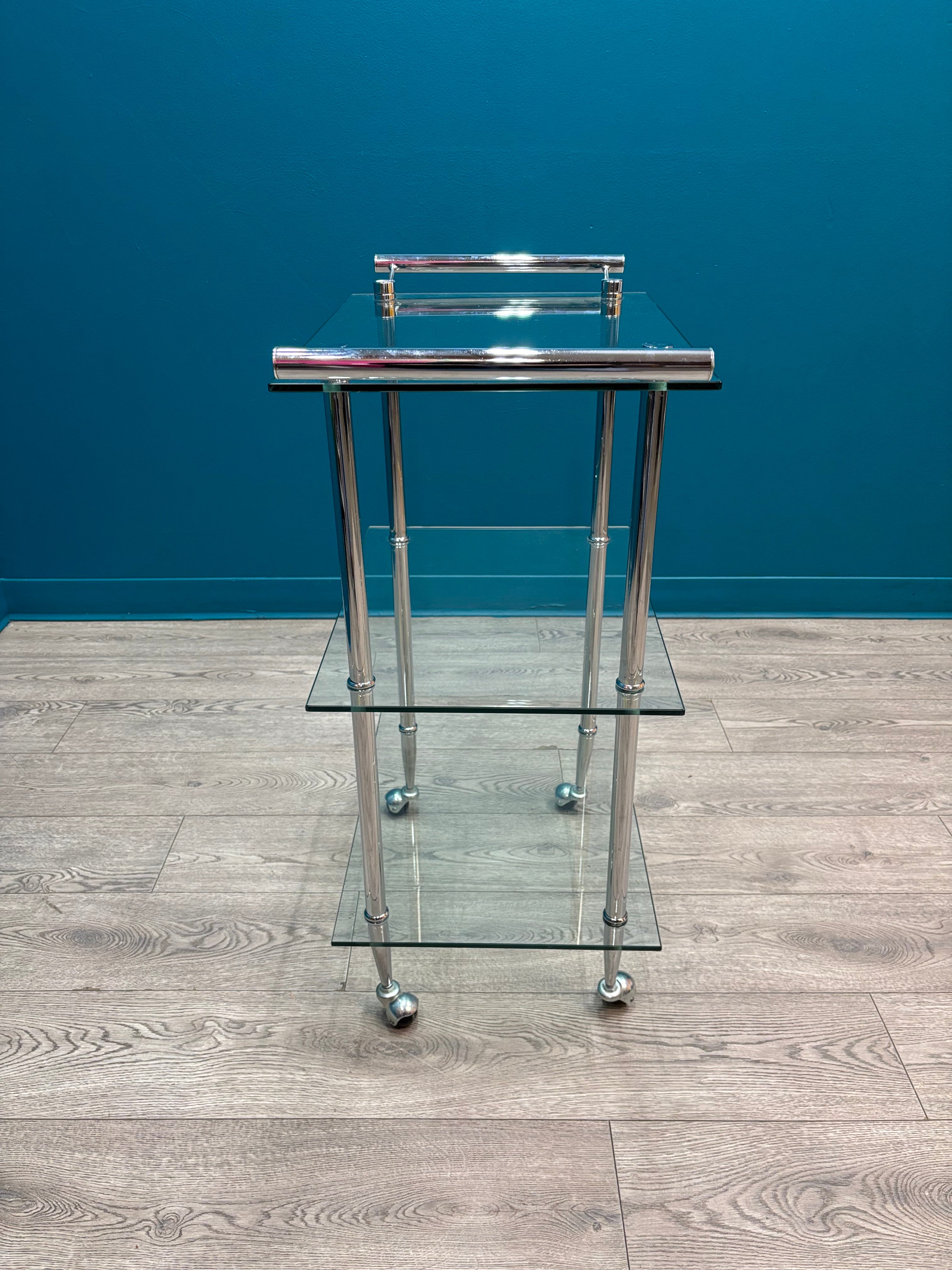 3 Tier Chrome & Glass Bar Cart on Wheels