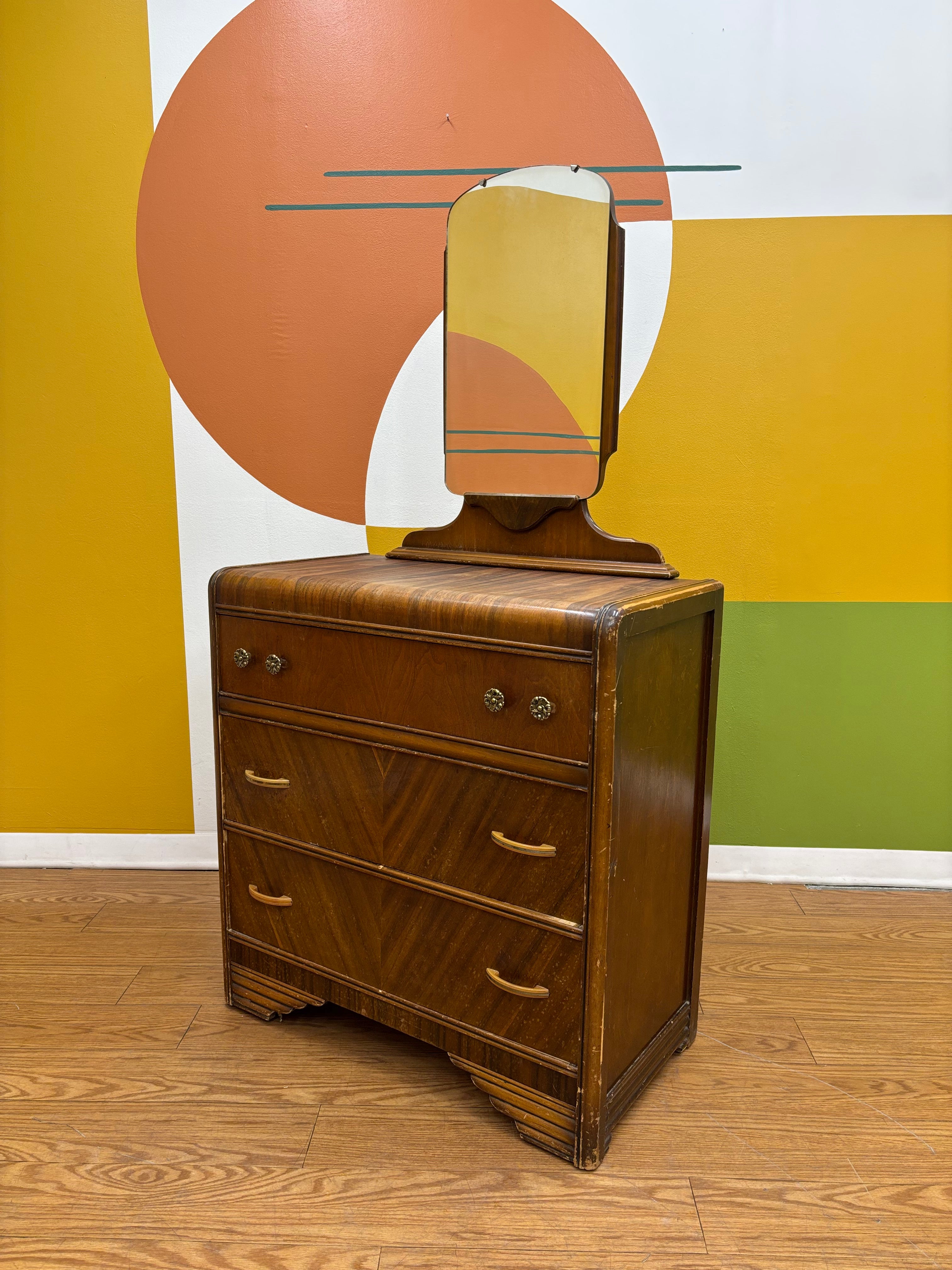 Wood Dresser with Attached Mirror