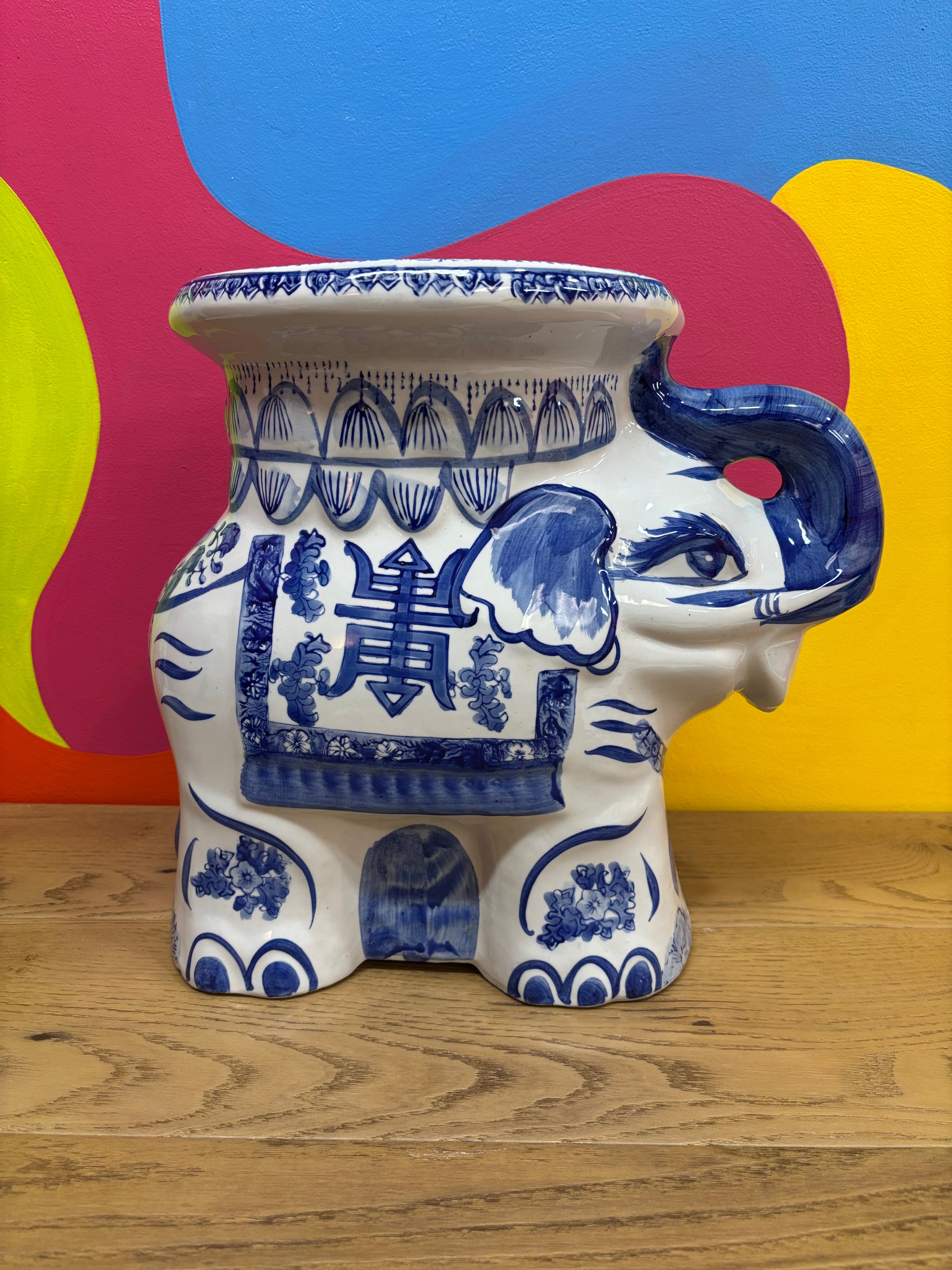 Ceramic Blue & White Elephant Plant Stand - The Bombay Co