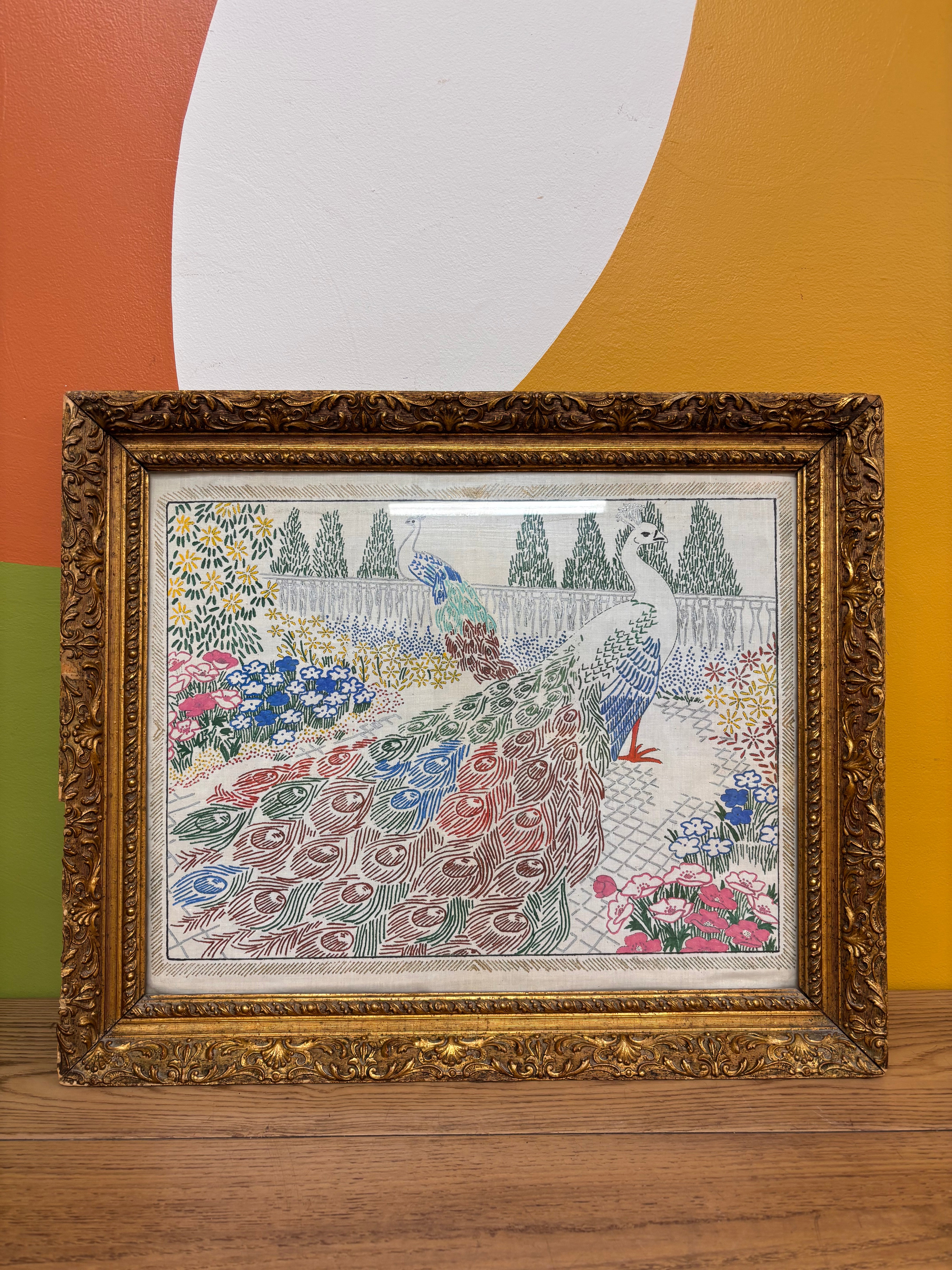 Gold Framed Embroidered Peacock Art