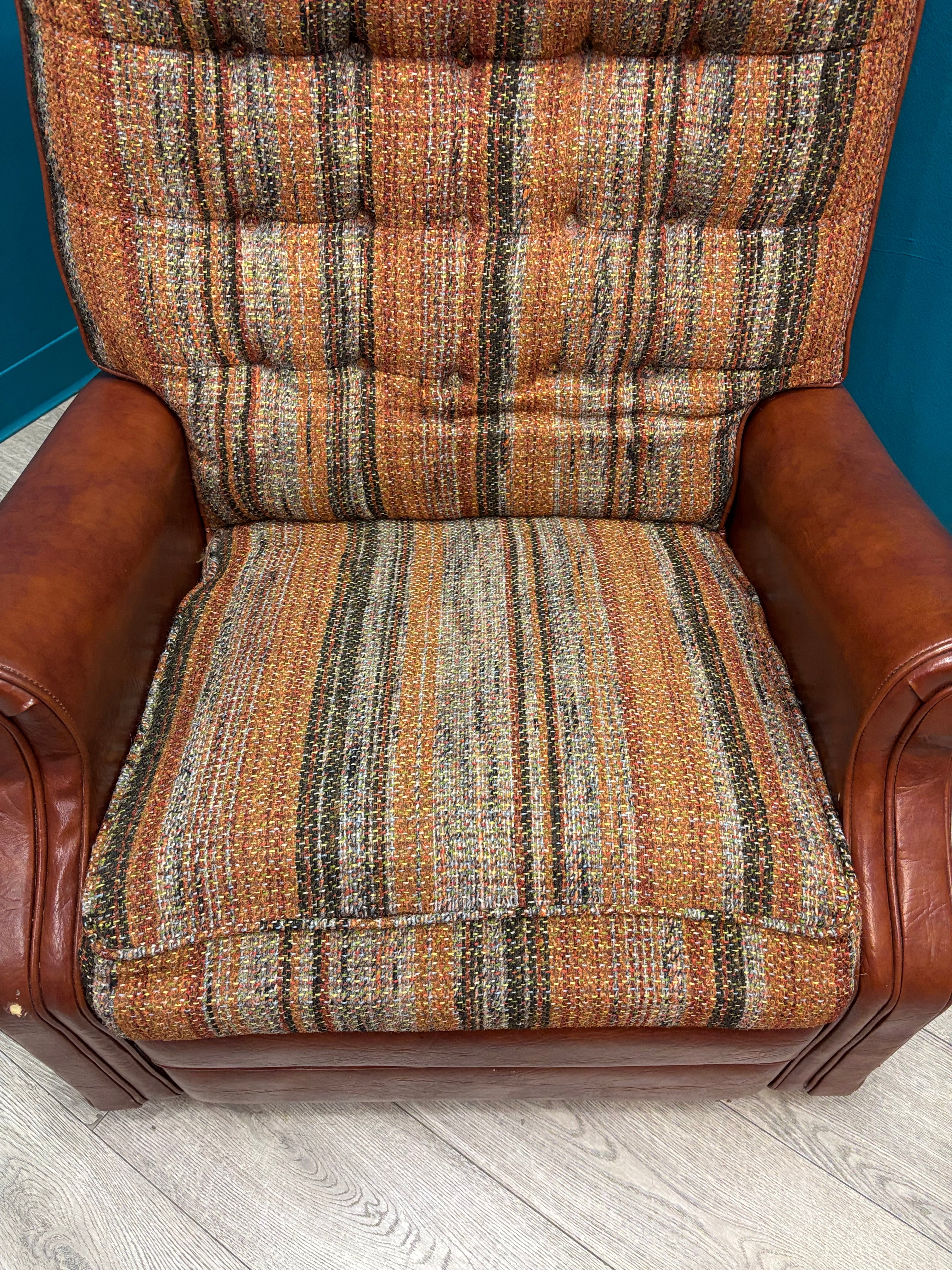 Plaid & Brown Pleather Recliner