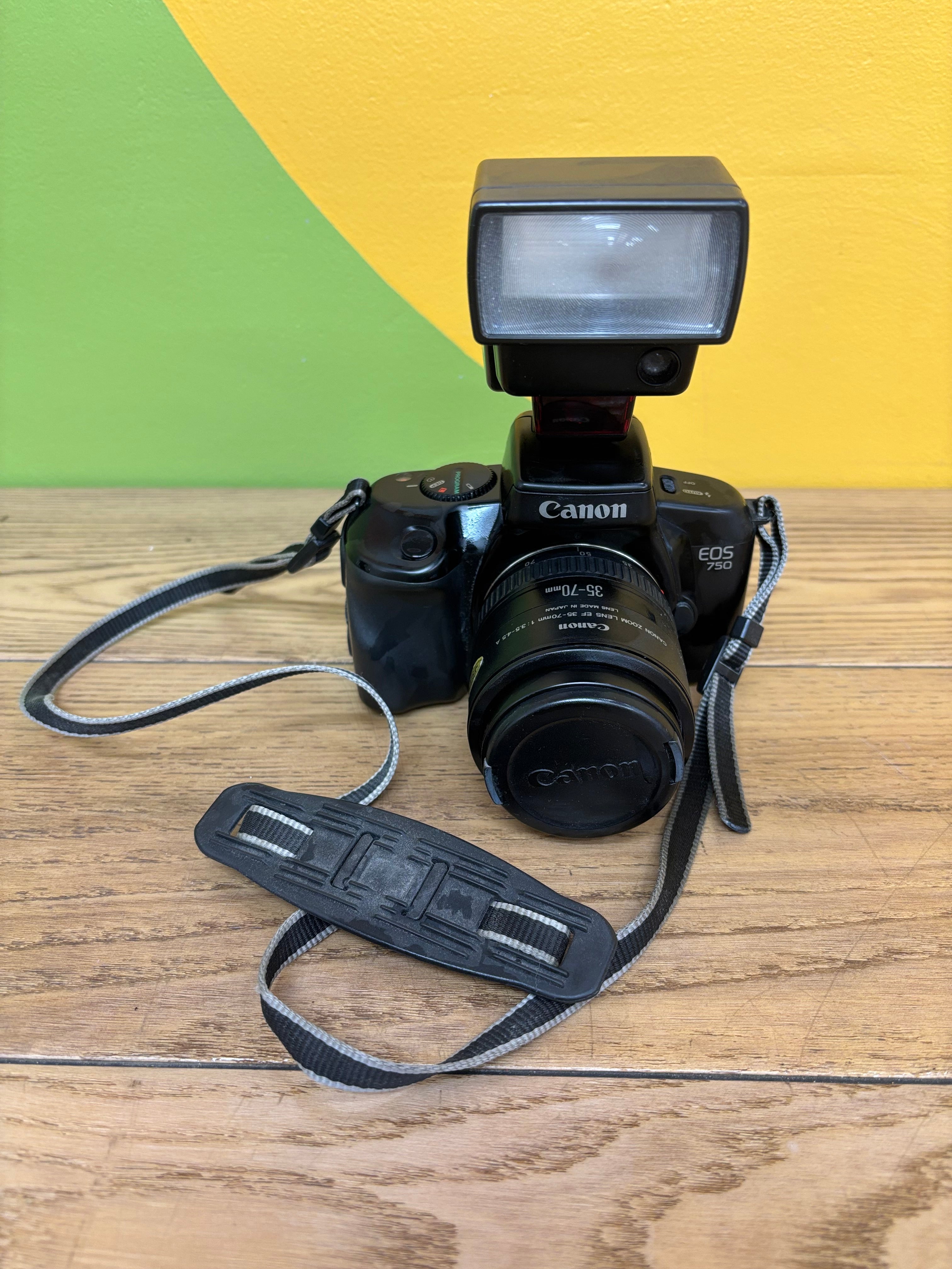 Canon EOS 750 Film Camera with Speedlite 300EZ Attached Flash