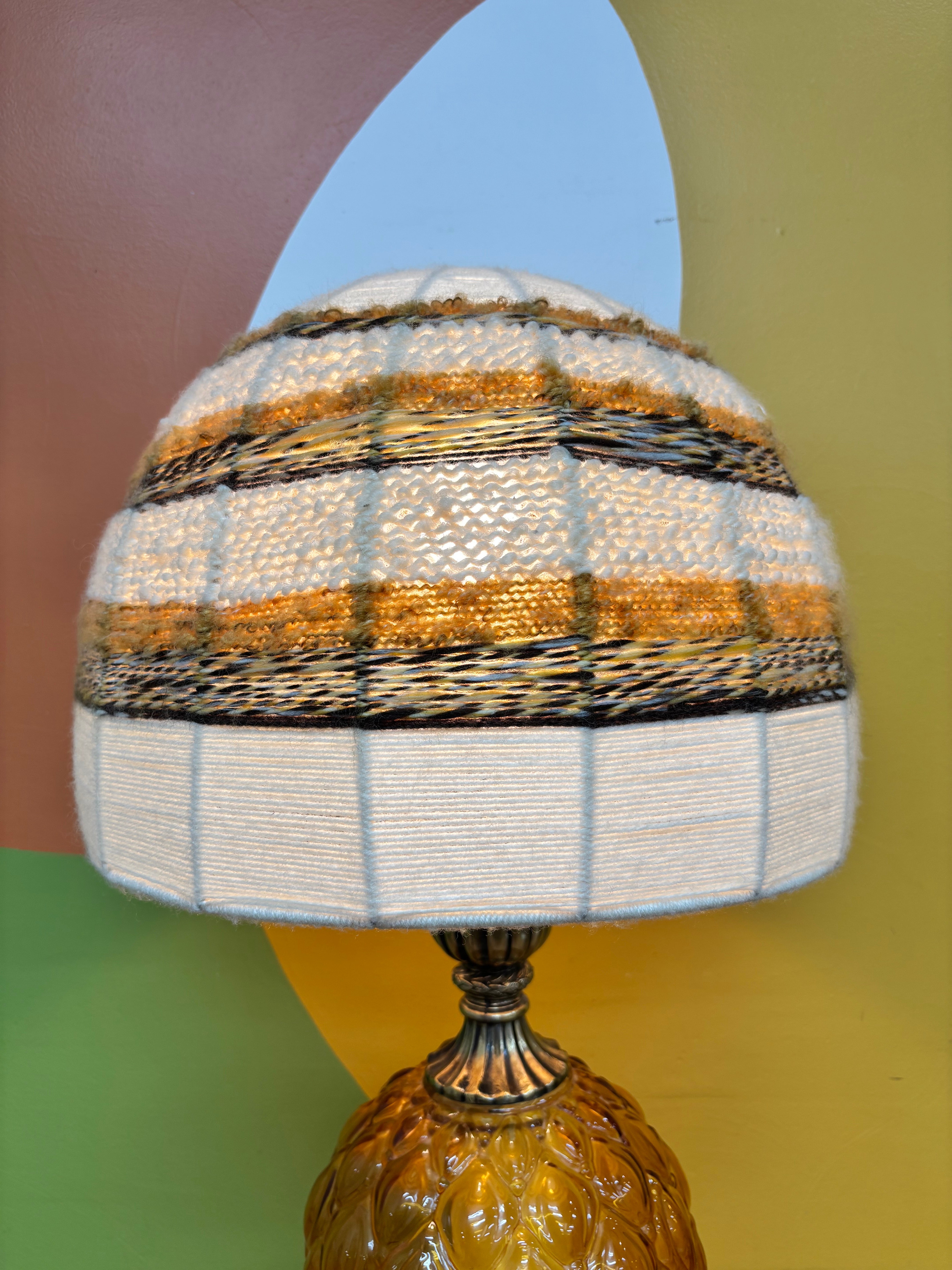 Amber Glass Table Lamp with Woven Shade